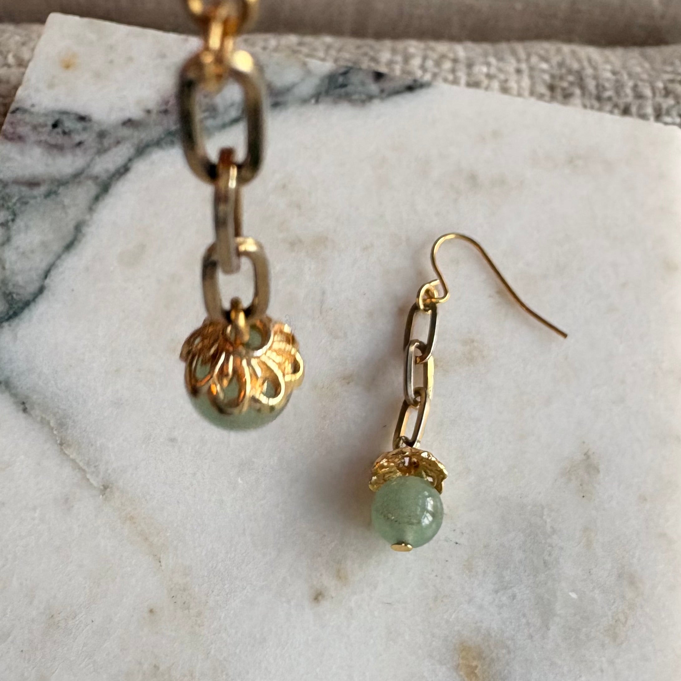 Aventurine & Gold Paperclip Chain Drop Earrings