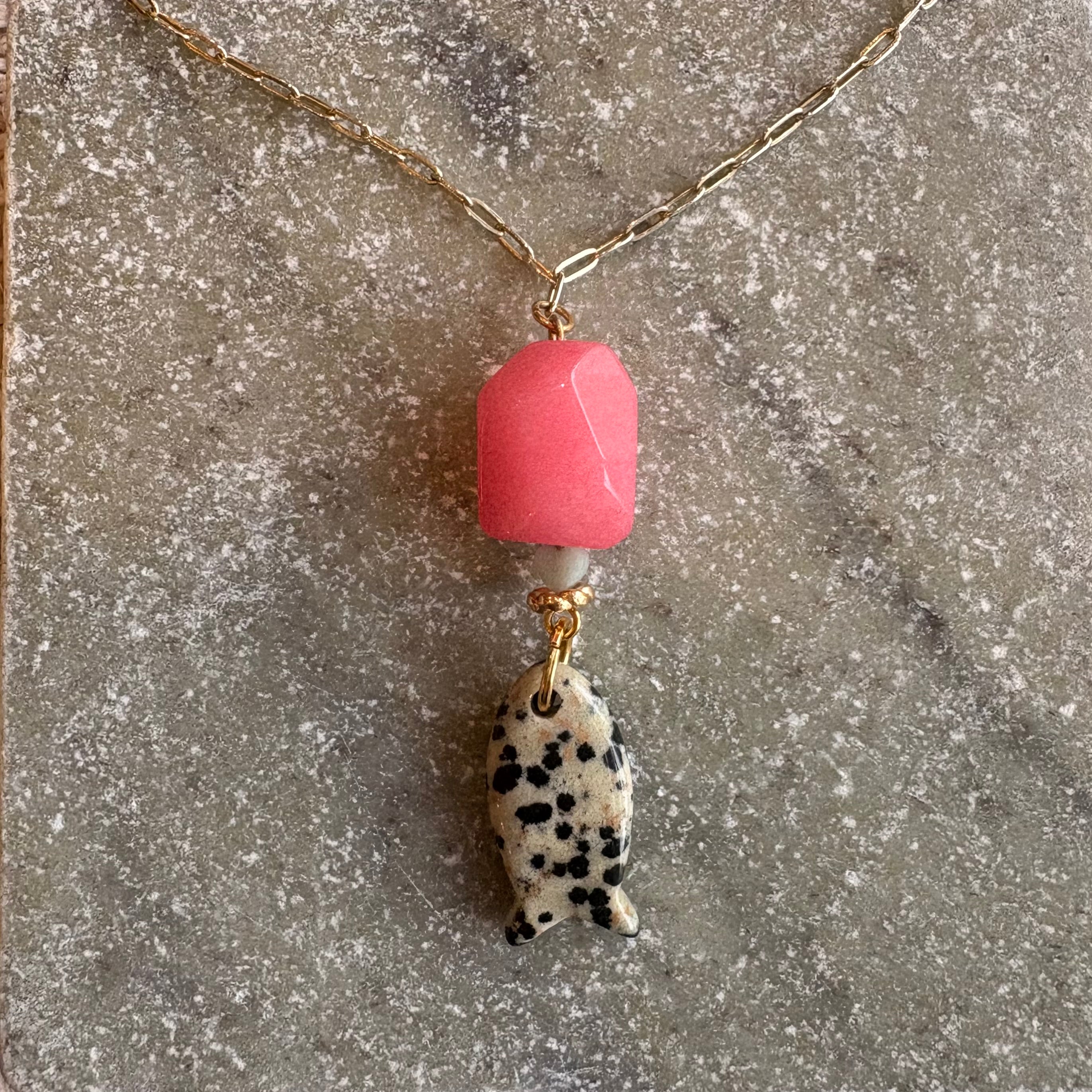 Dalmatian Jasper Fish Pendant Necklace