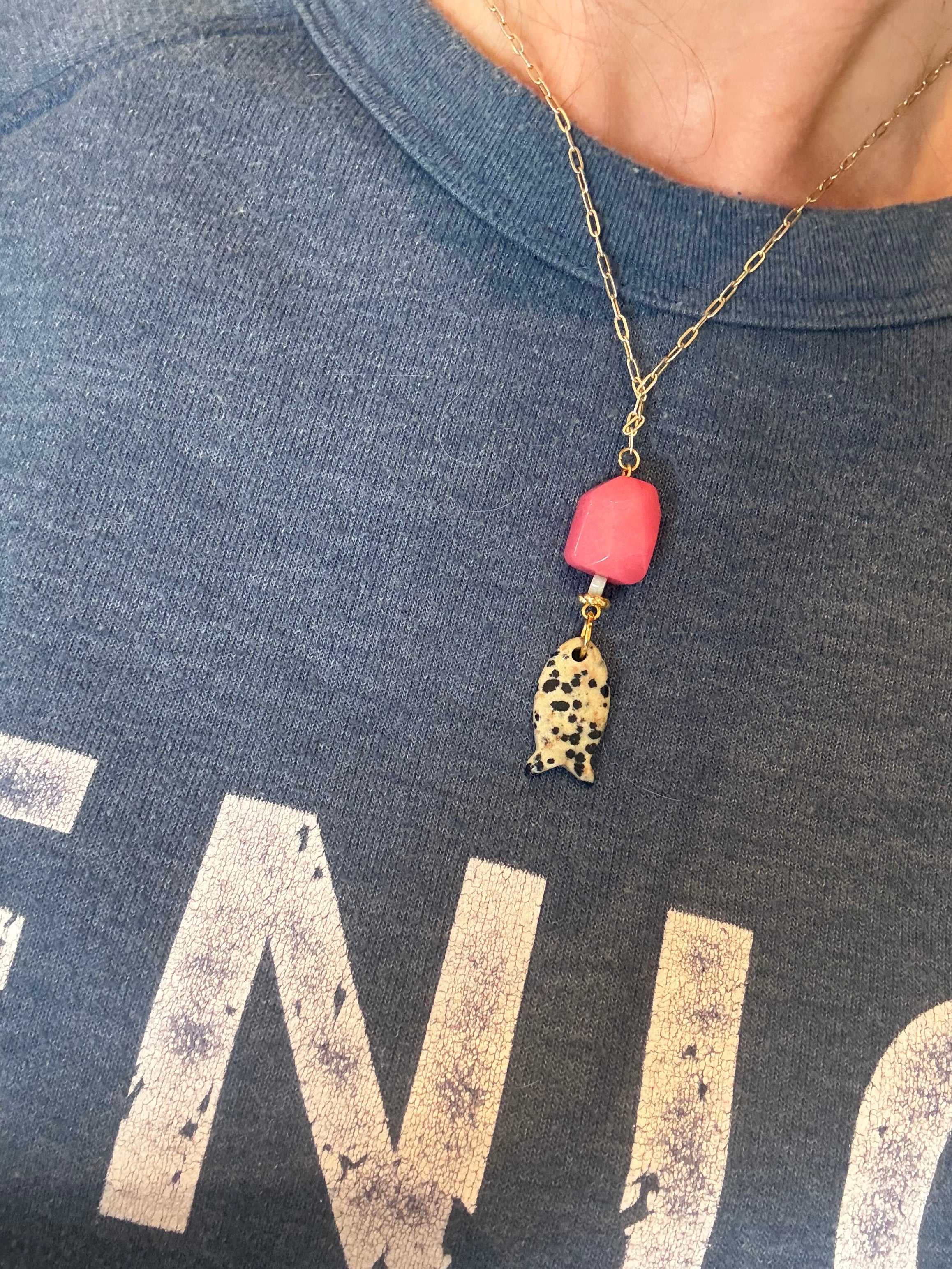 Dalmatian Jasper Fish Pendant Necklace