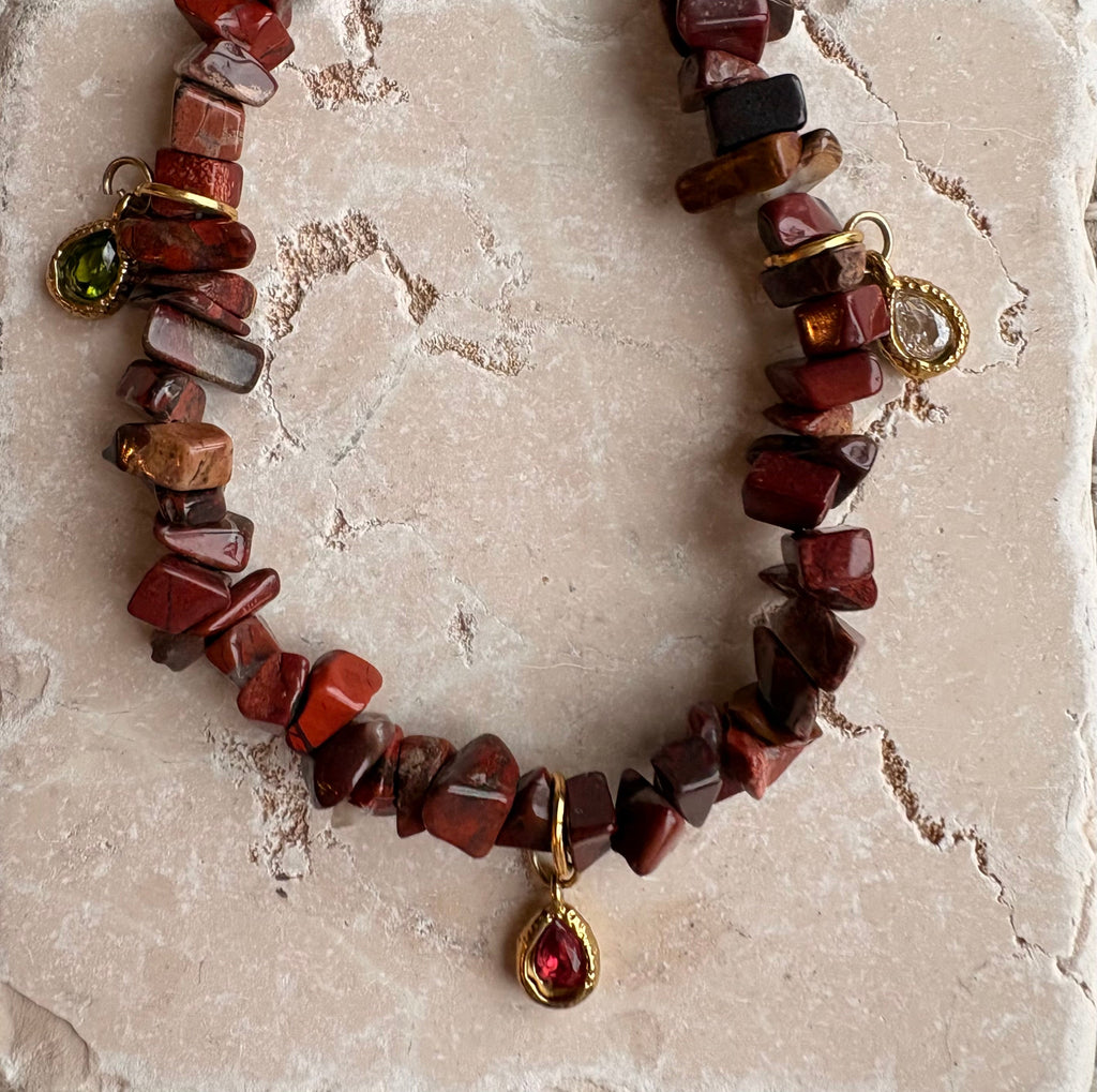 Brown jasper charm necklace flat lay detail