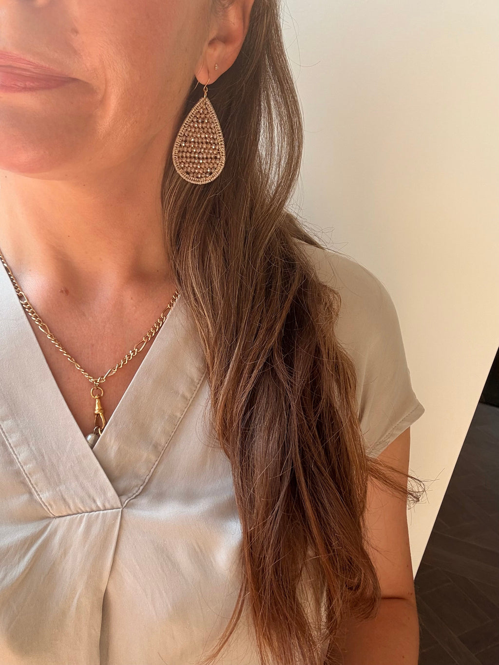 Champagne crystal teardrop earring worn - full look