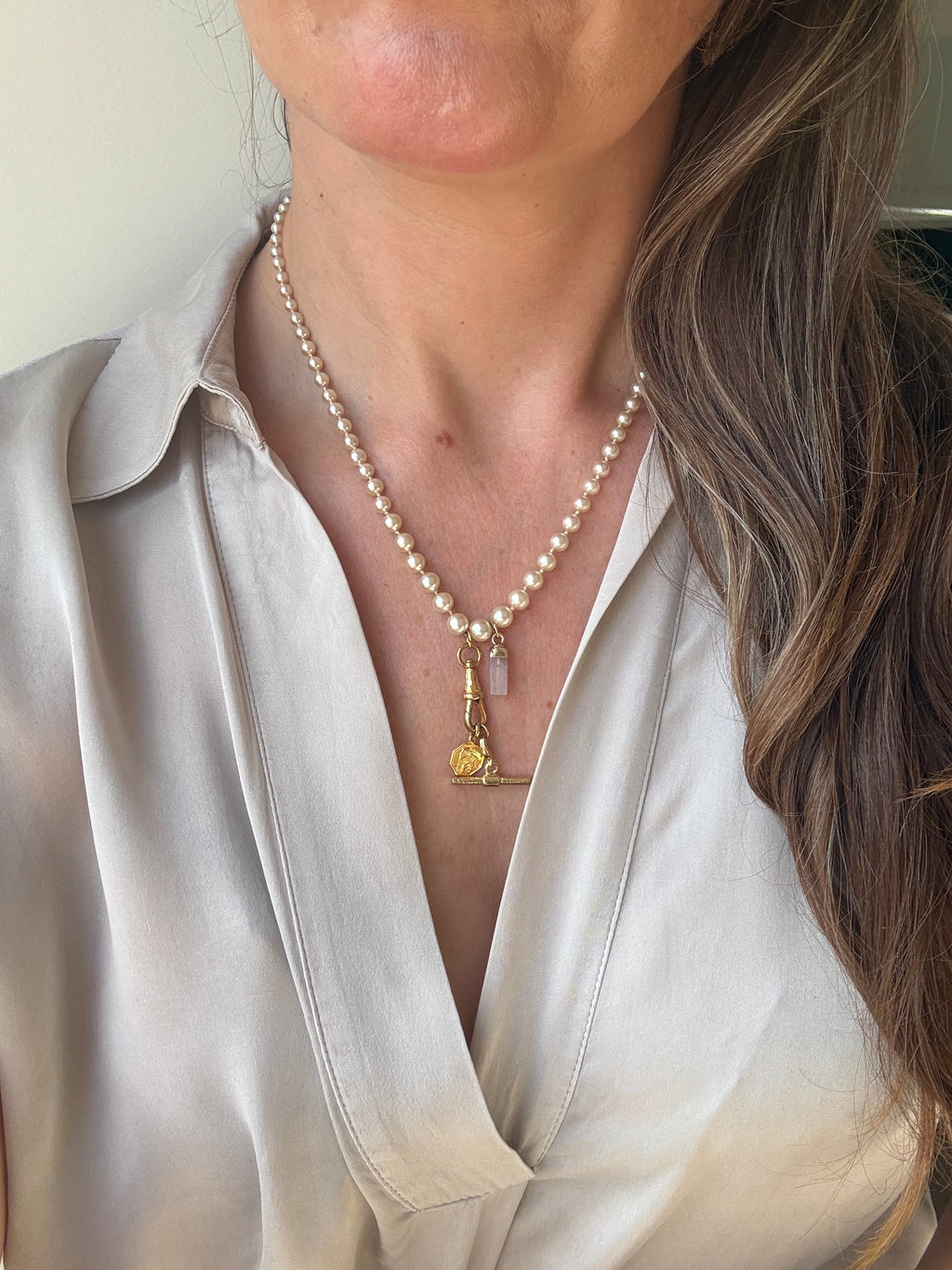 Vintage pearl necklace worn - model shot