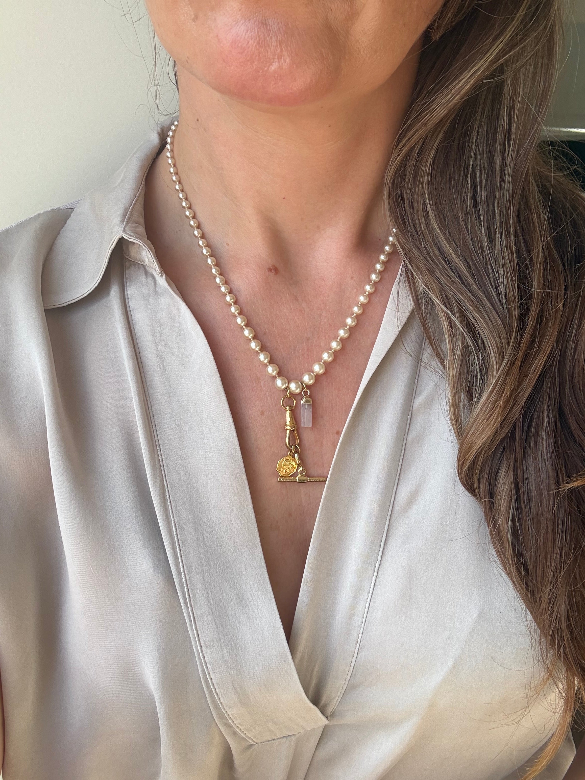 Vintage pearl necklace worn - model shot