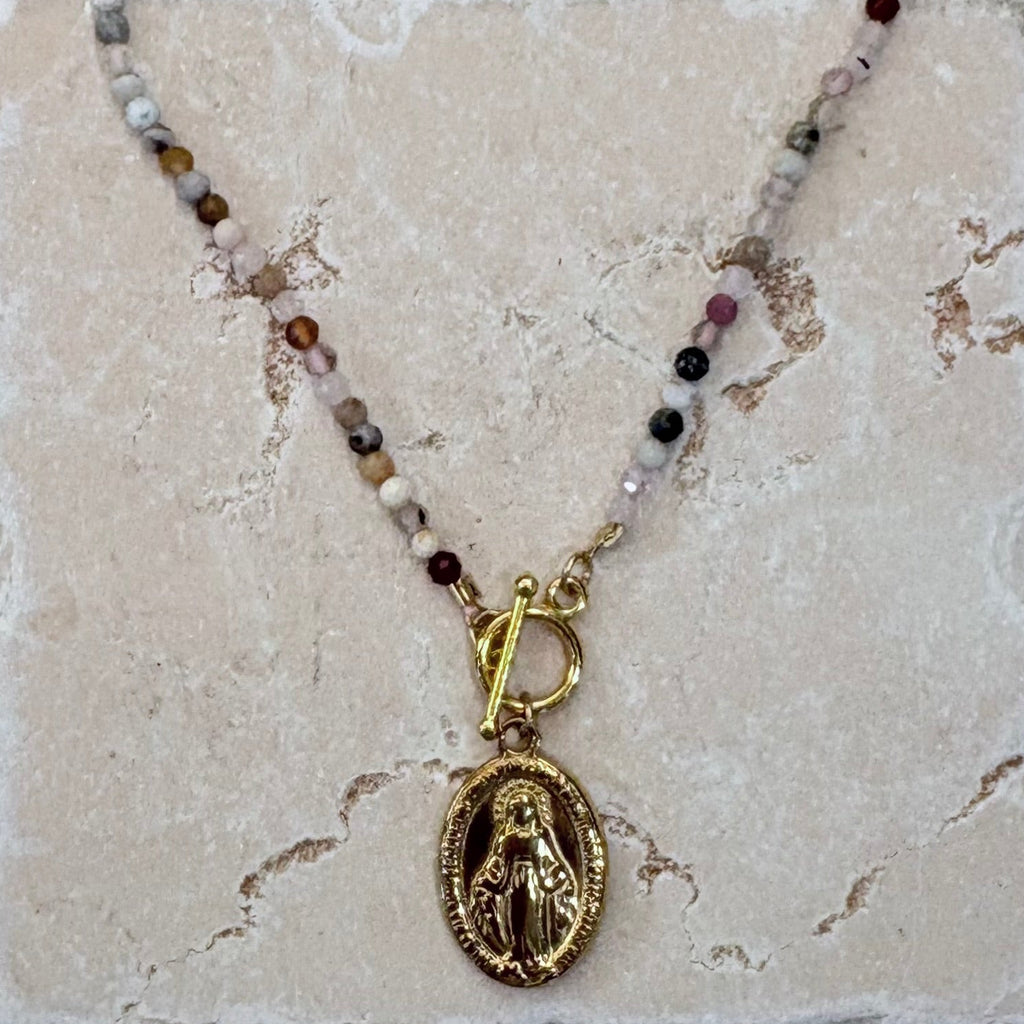Miraculous Medal Charm Gemstone Necklace