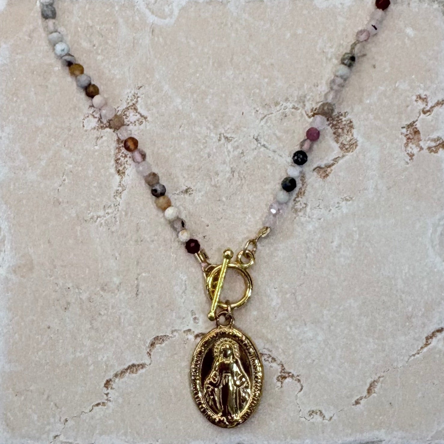 Miraculous Medal Charm Gemstone Necklace