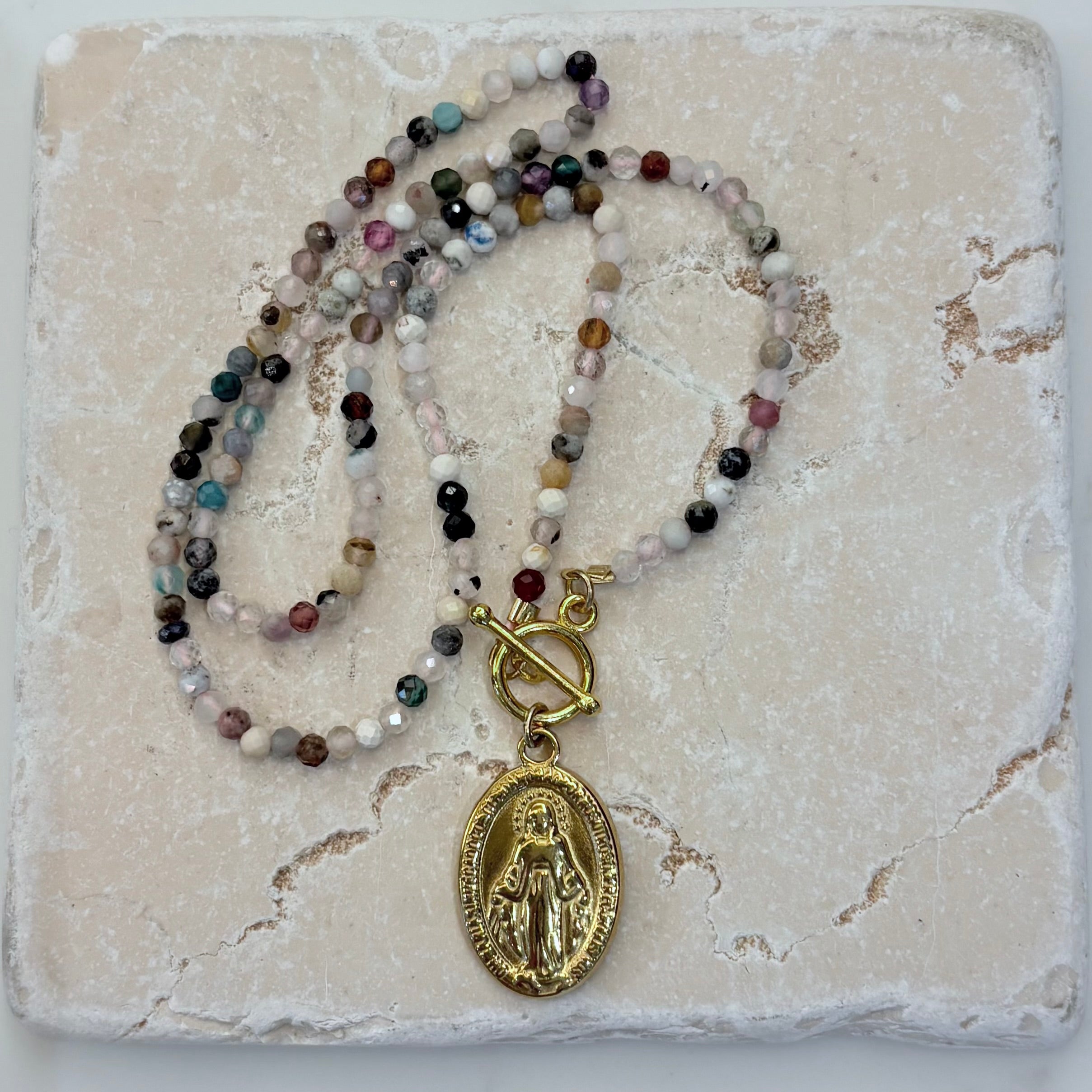 Miraculous Medal Charm Gemstone Necklace