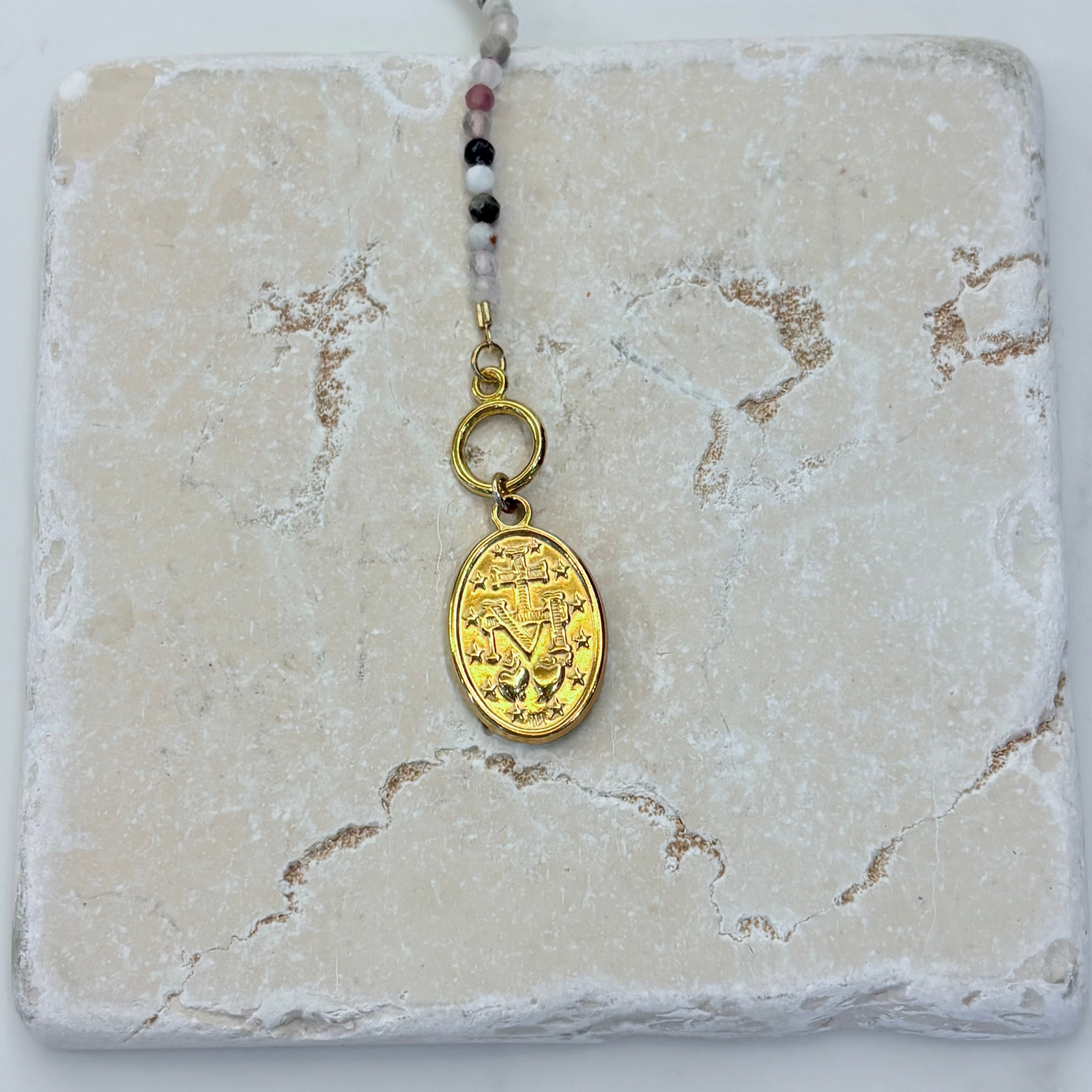 Miraculous Medal Charm Gemstone Necklace