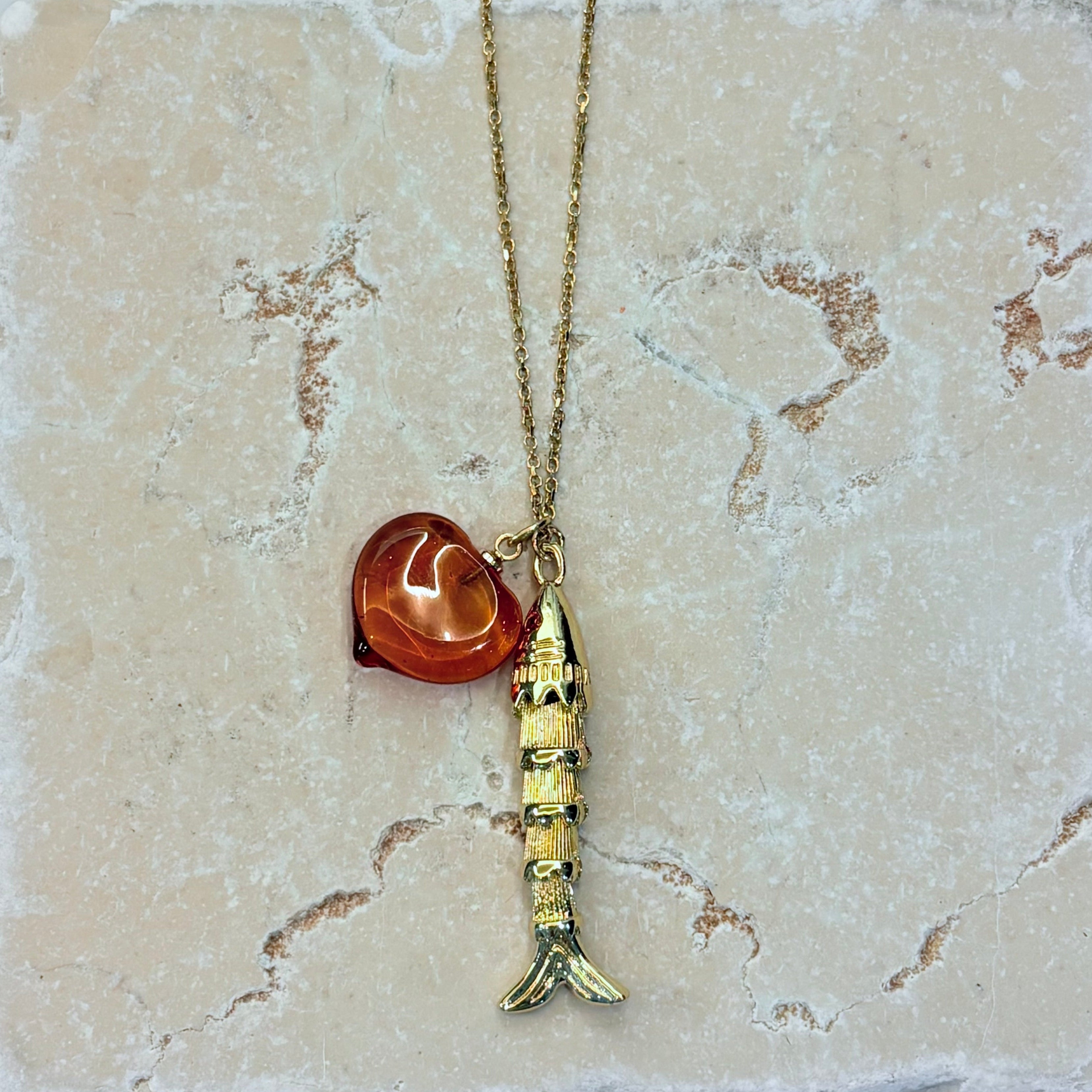 Fish Charm & Murano Glass Heart Necklace