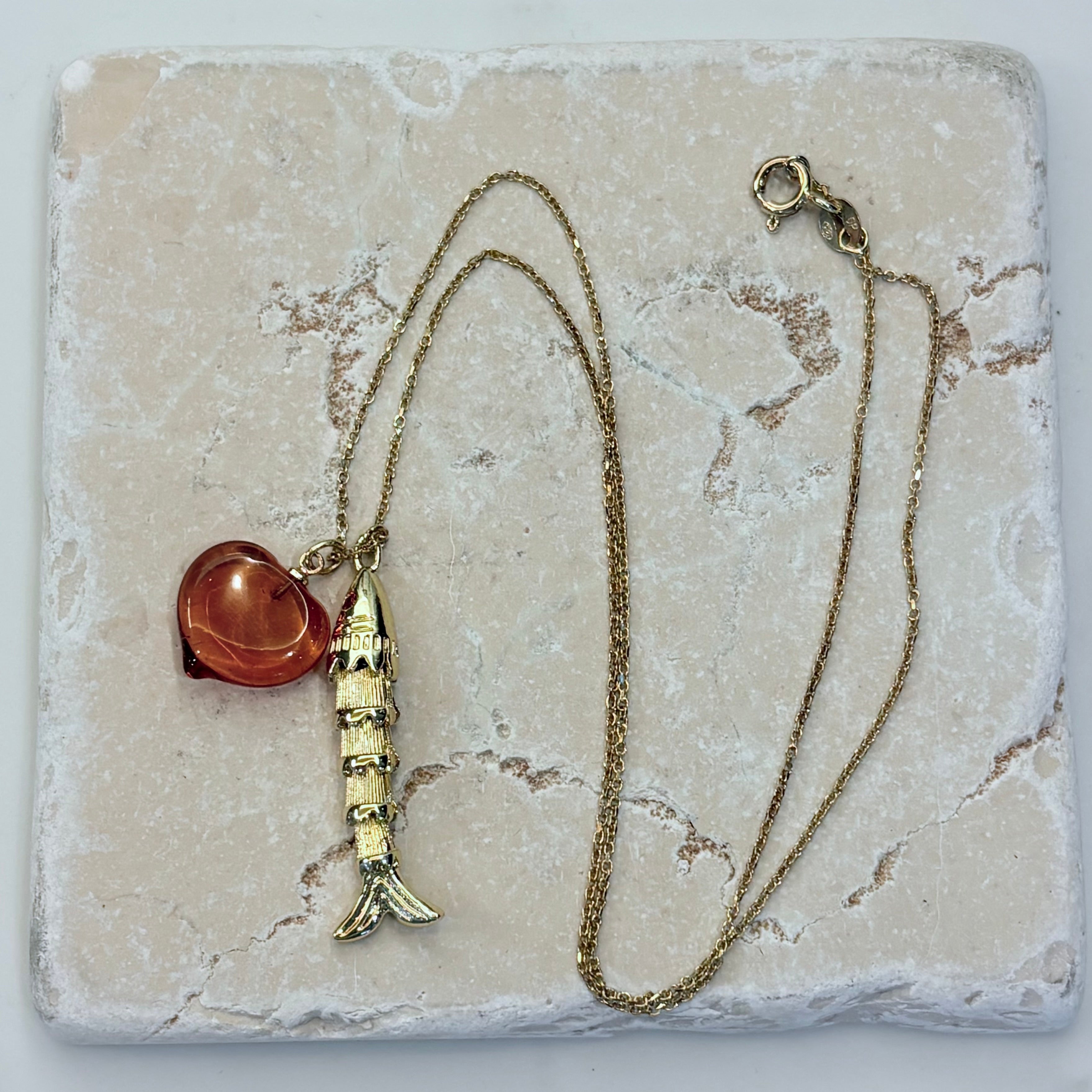 Fish Charm & Murano Glass Heart Necklace