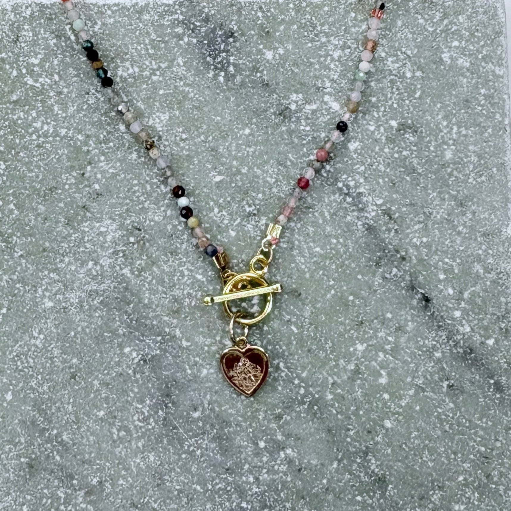 St Christopher Heart Charm Gemstone Necklace
