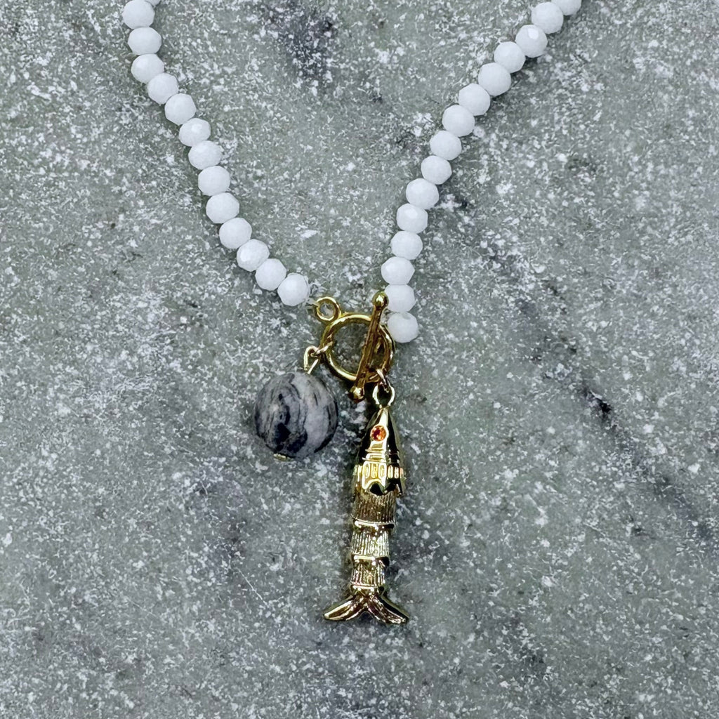Crystal & Jasper Fish Charm T Bar Necklace