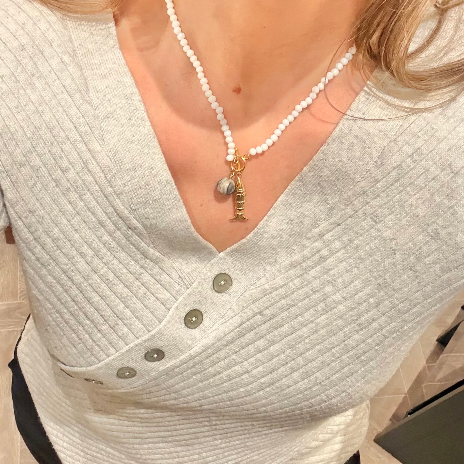 Crystal & Jasper Fish Charm T Bar Necklace