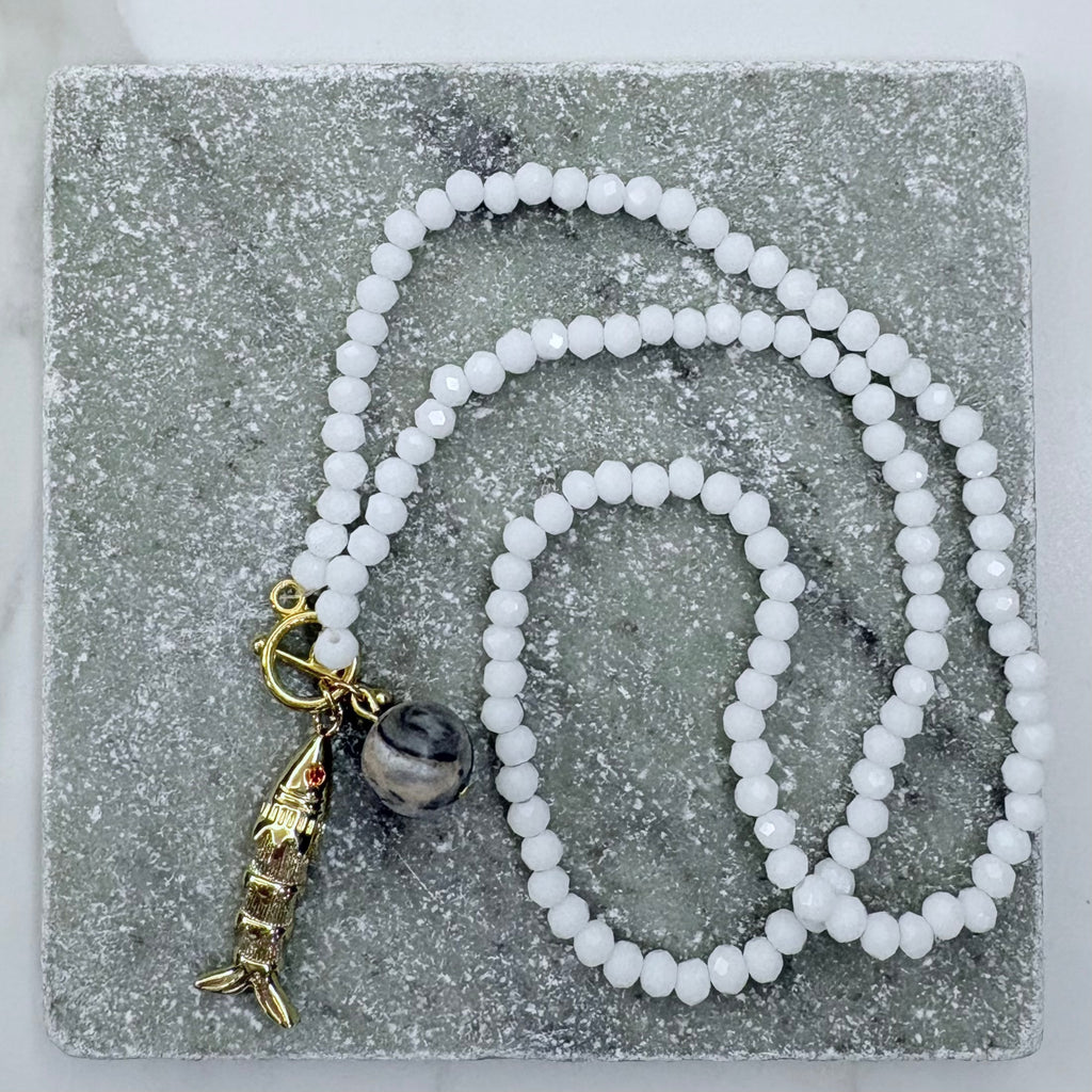 Crystal & Jasper Fish Charm T Bar Necklace