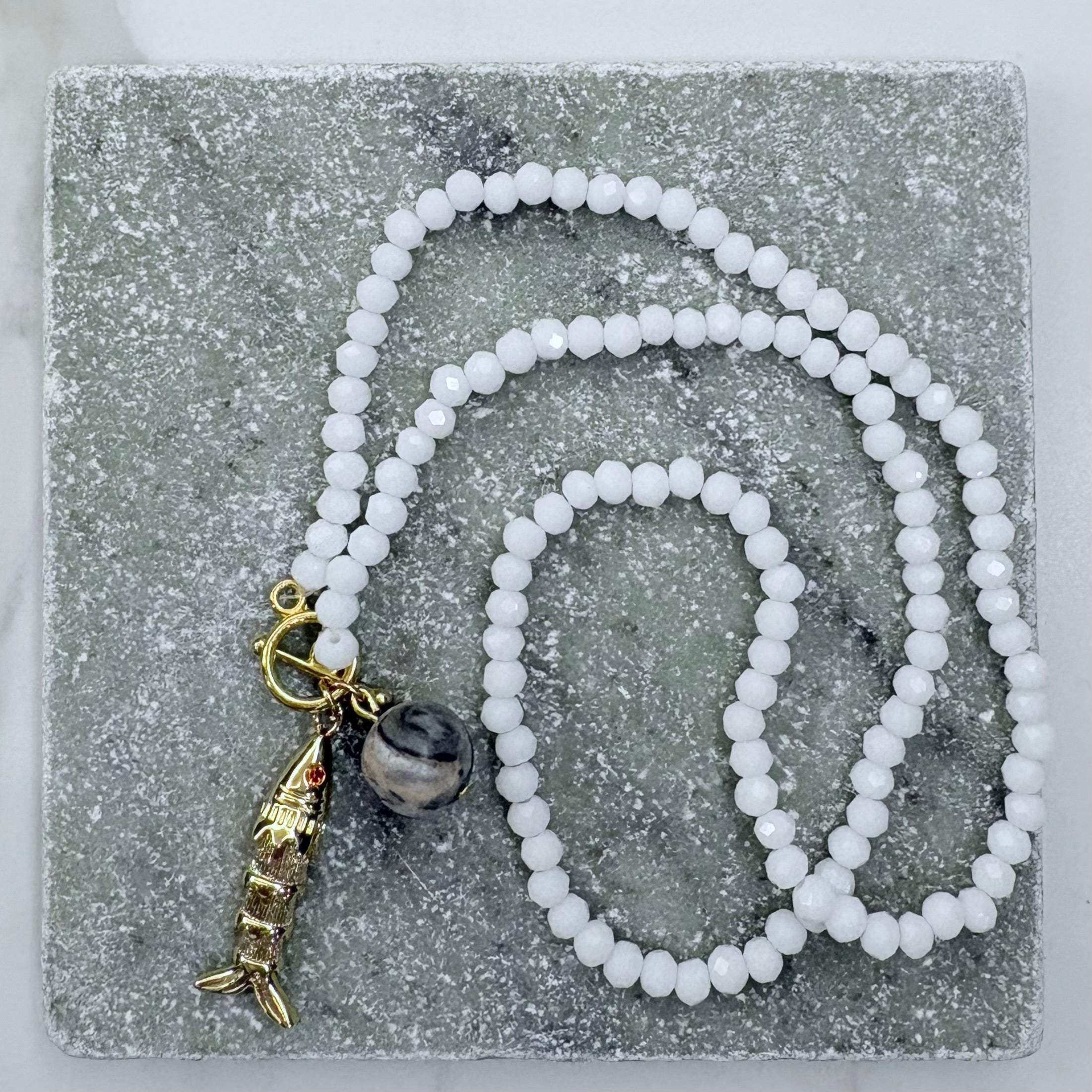 Crystal & Jasper Fish Charm T Bar Necklace