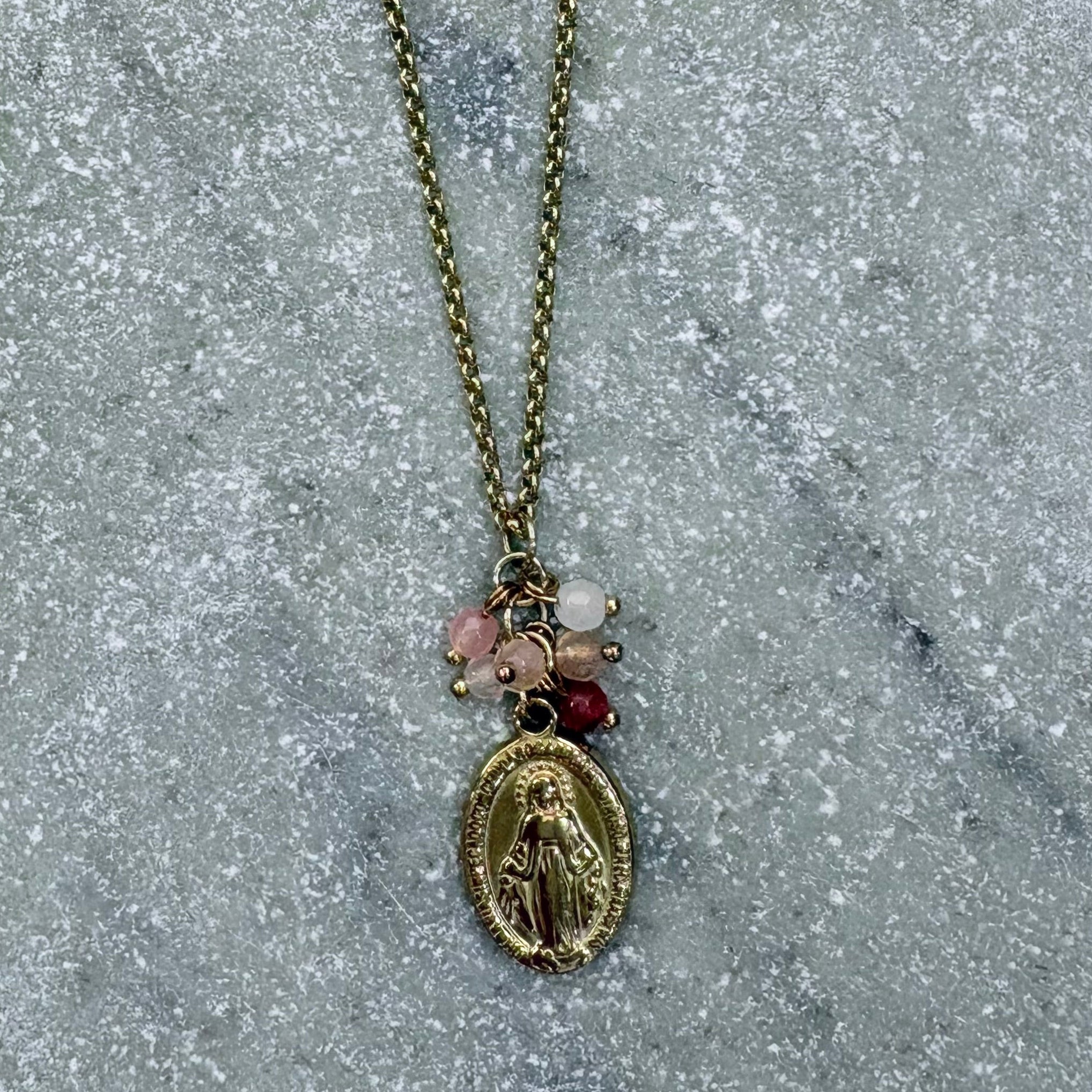 Pink Gemstone Miraculous Medal Charm Necklace