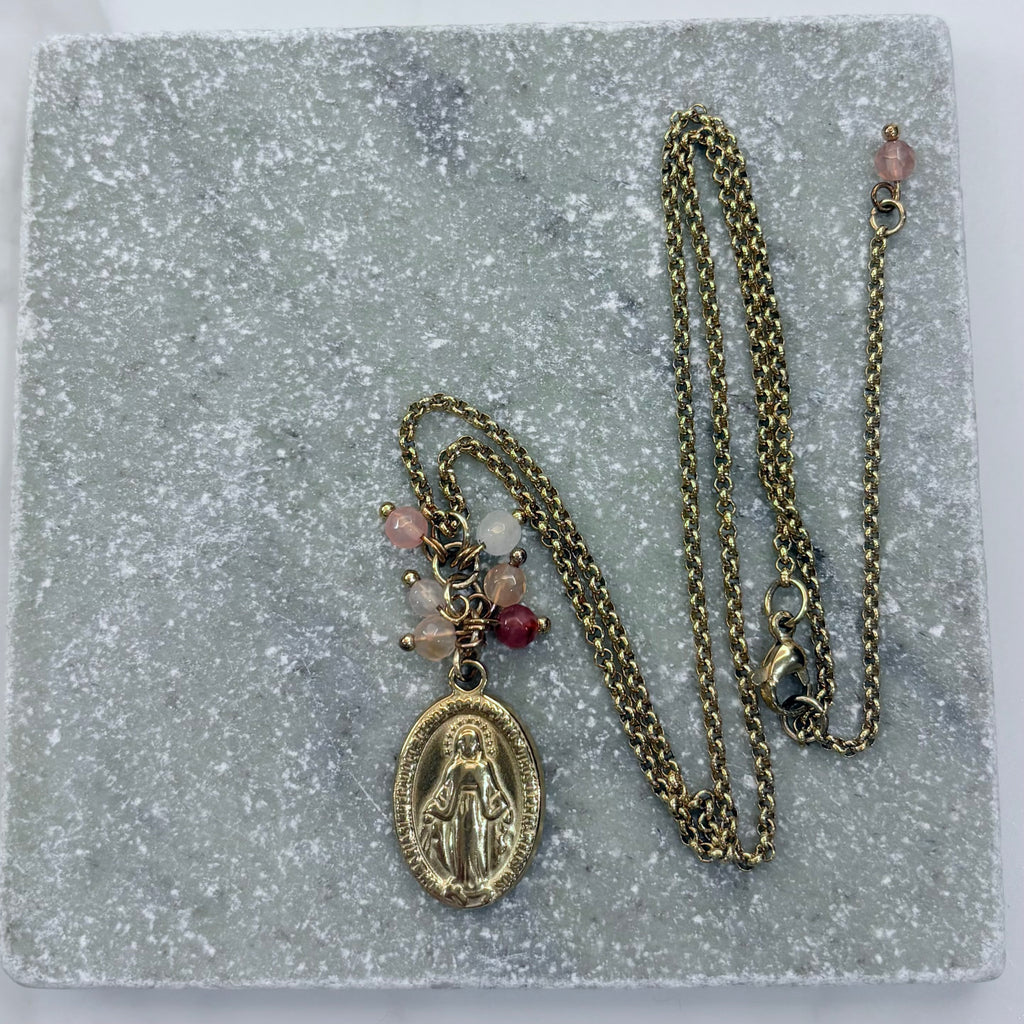 Pink Gemstone Miraculous Medal Charm Necklace