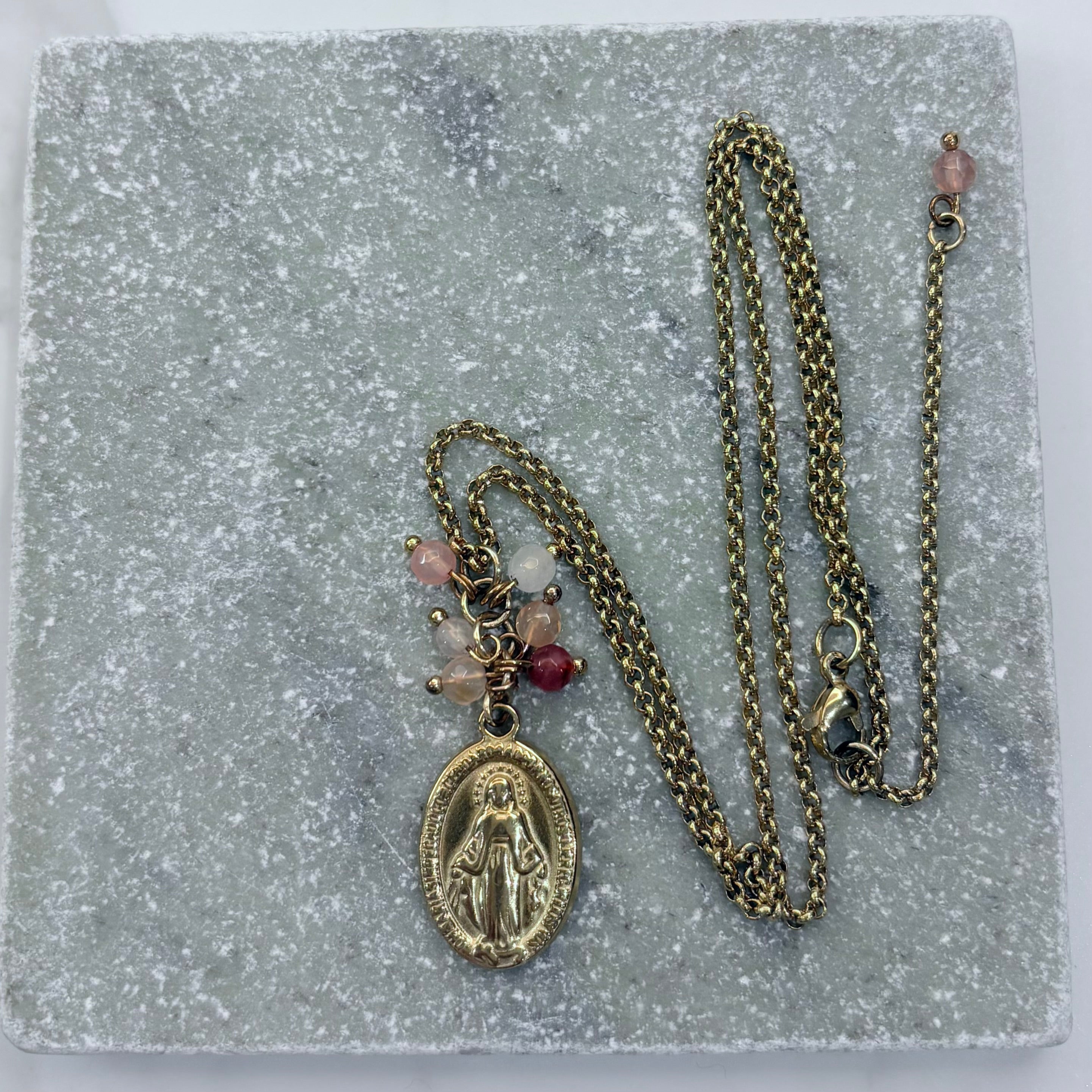 Pink Gemstone Miraculous Medal Charm Necklace
