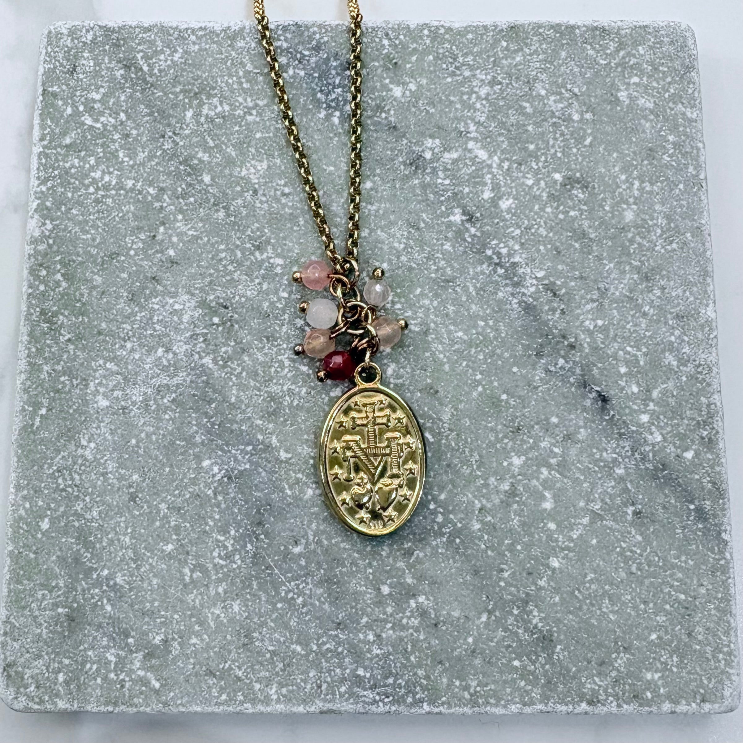 Pink Gemstone Miraculous Medal Charm Necklace