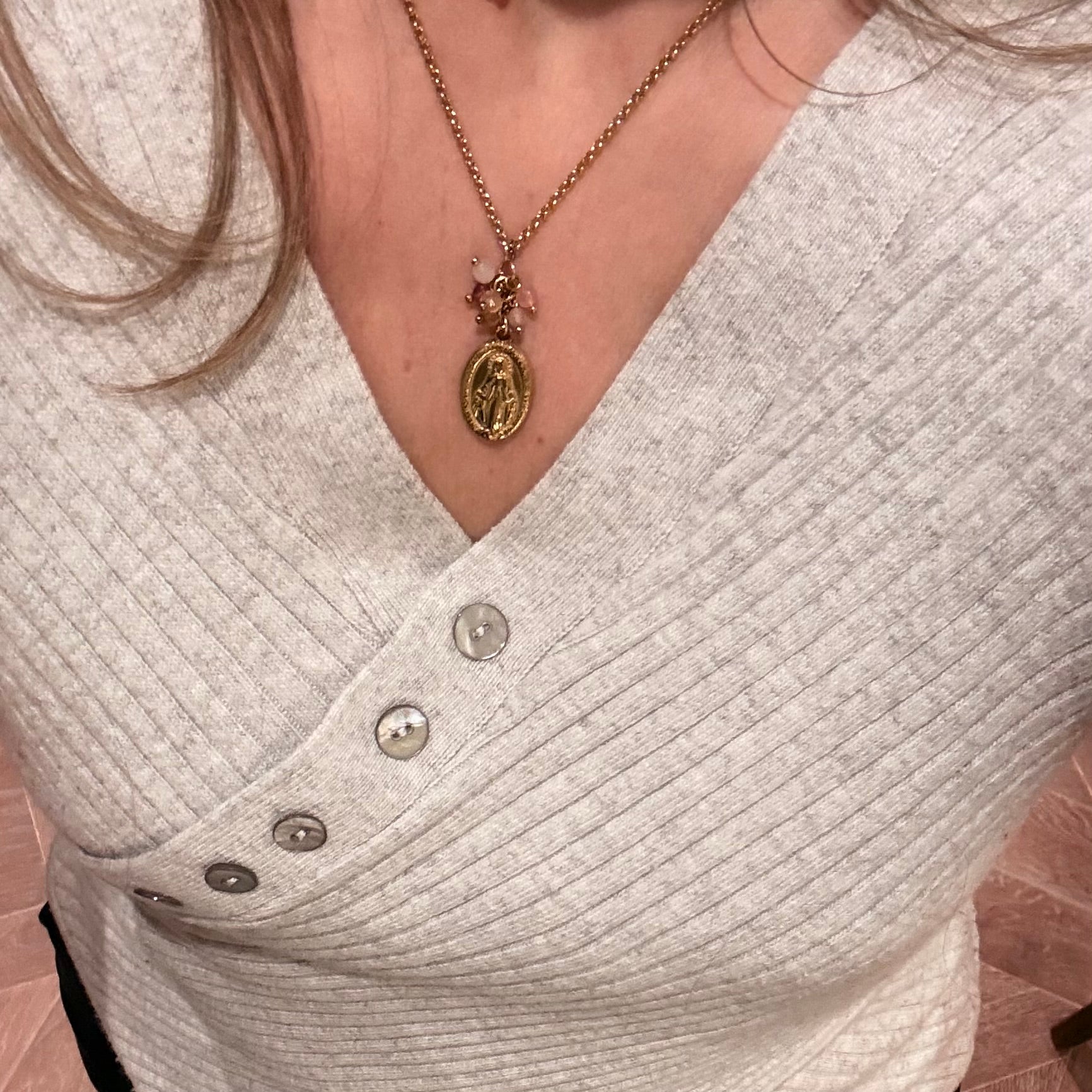 Pink Gemstone Miraculous Medal Charm Necklace