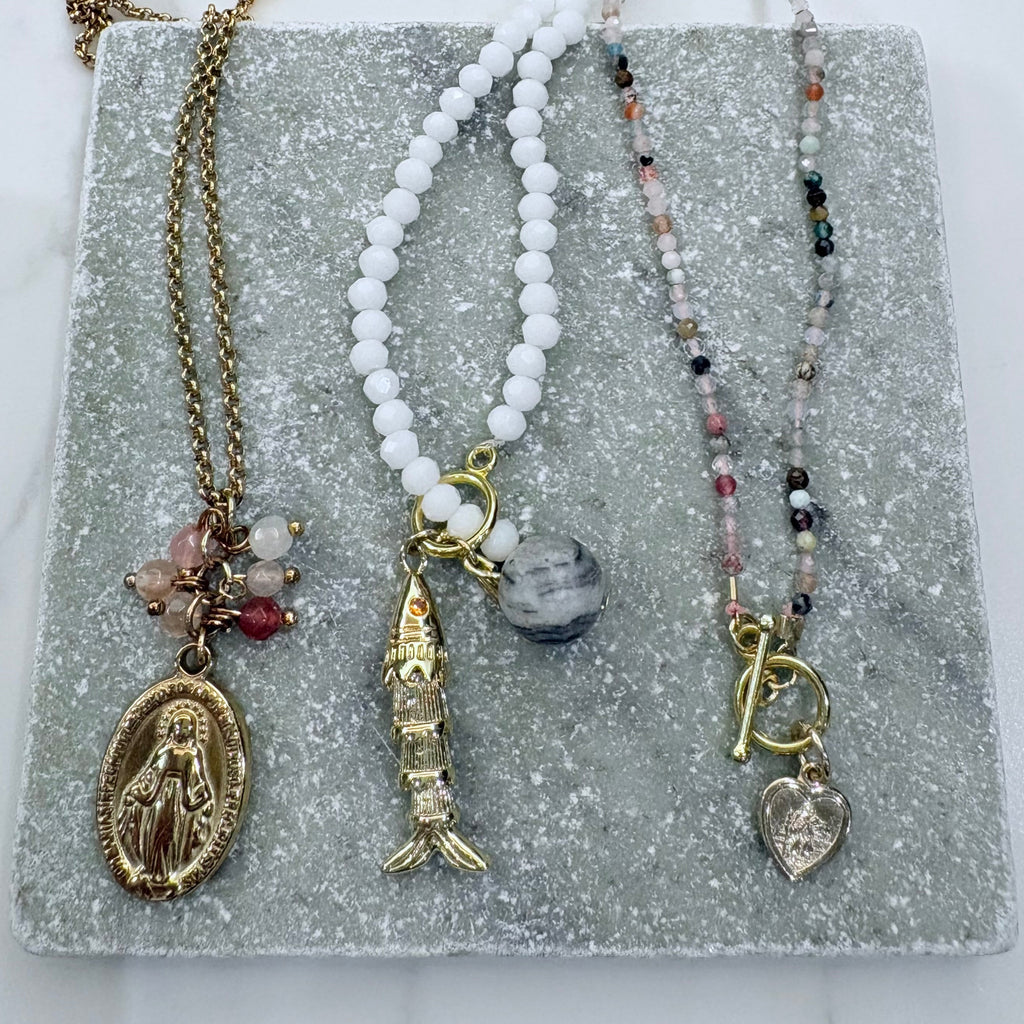 Crystal & Jasper Fish Charm T Bar Necklace