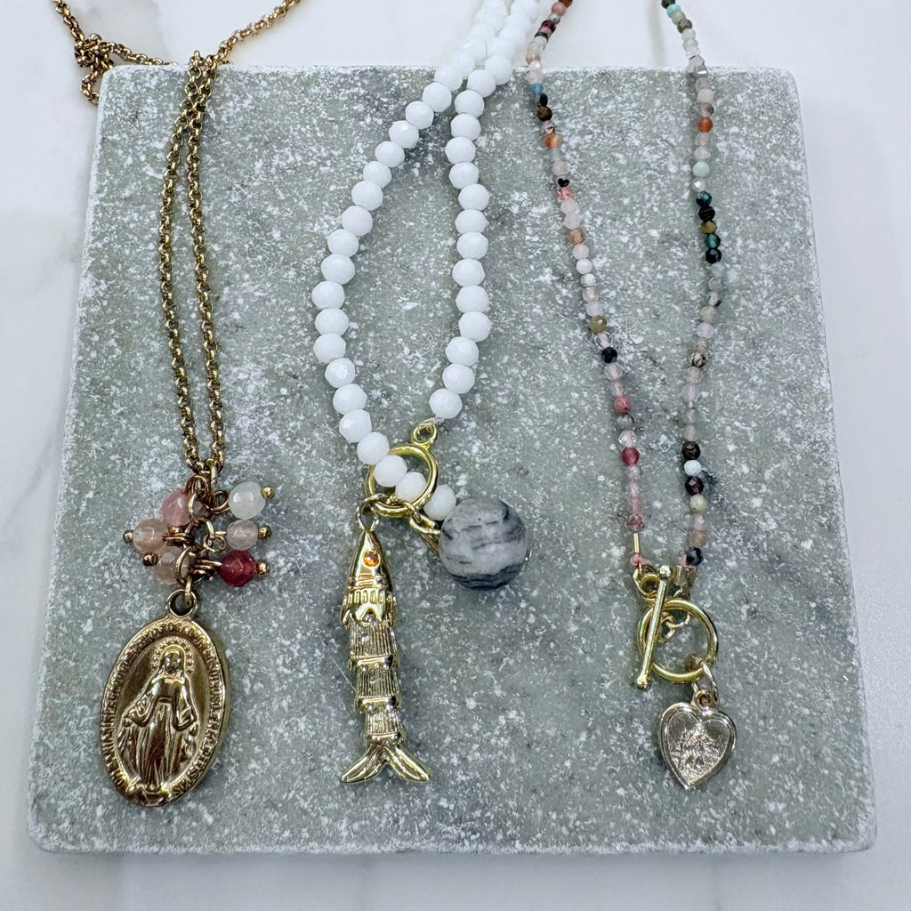 Pink Gemstone Miraculous Medal Charm Necklace