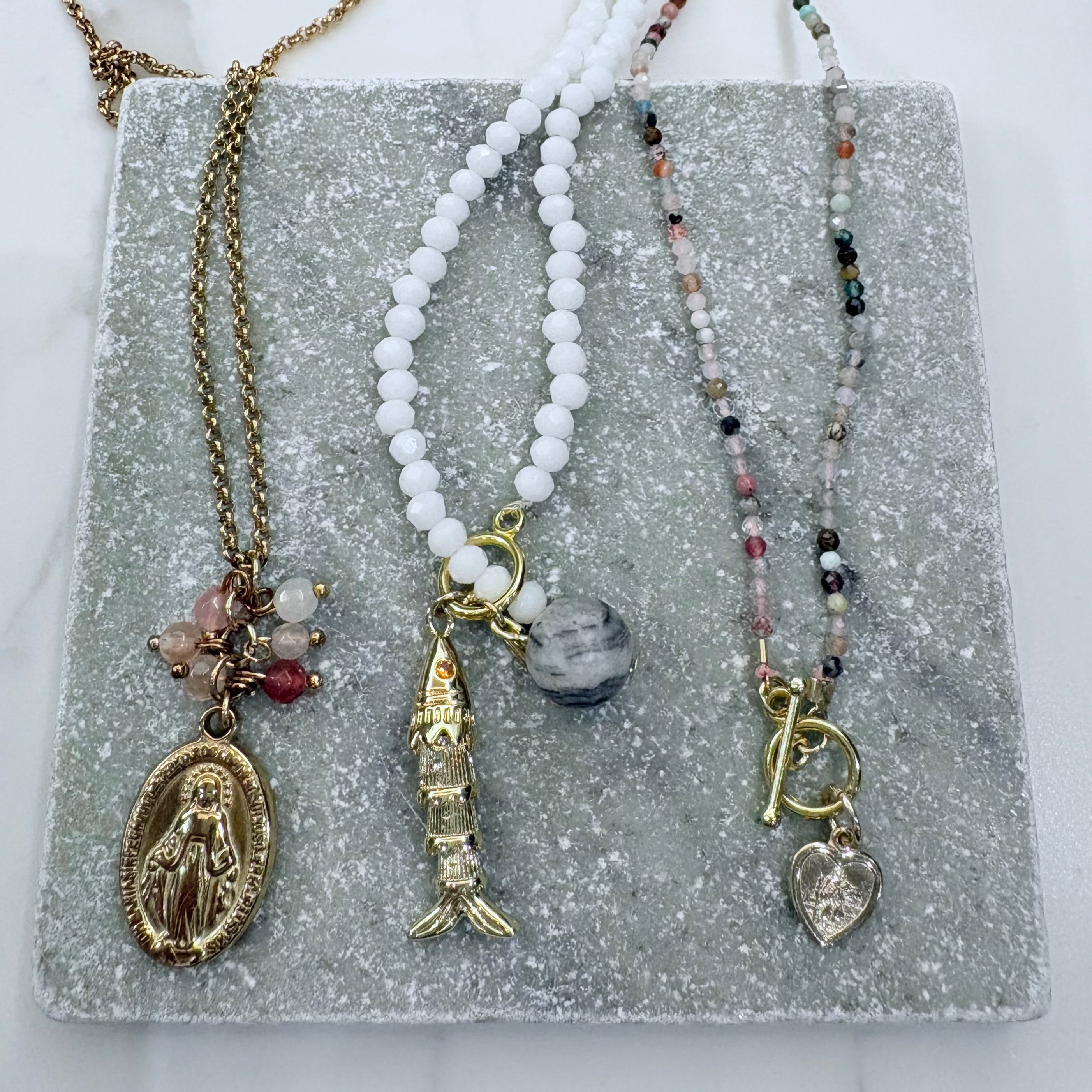 Pink Gemstone Miraculous Medal Charm Necklace