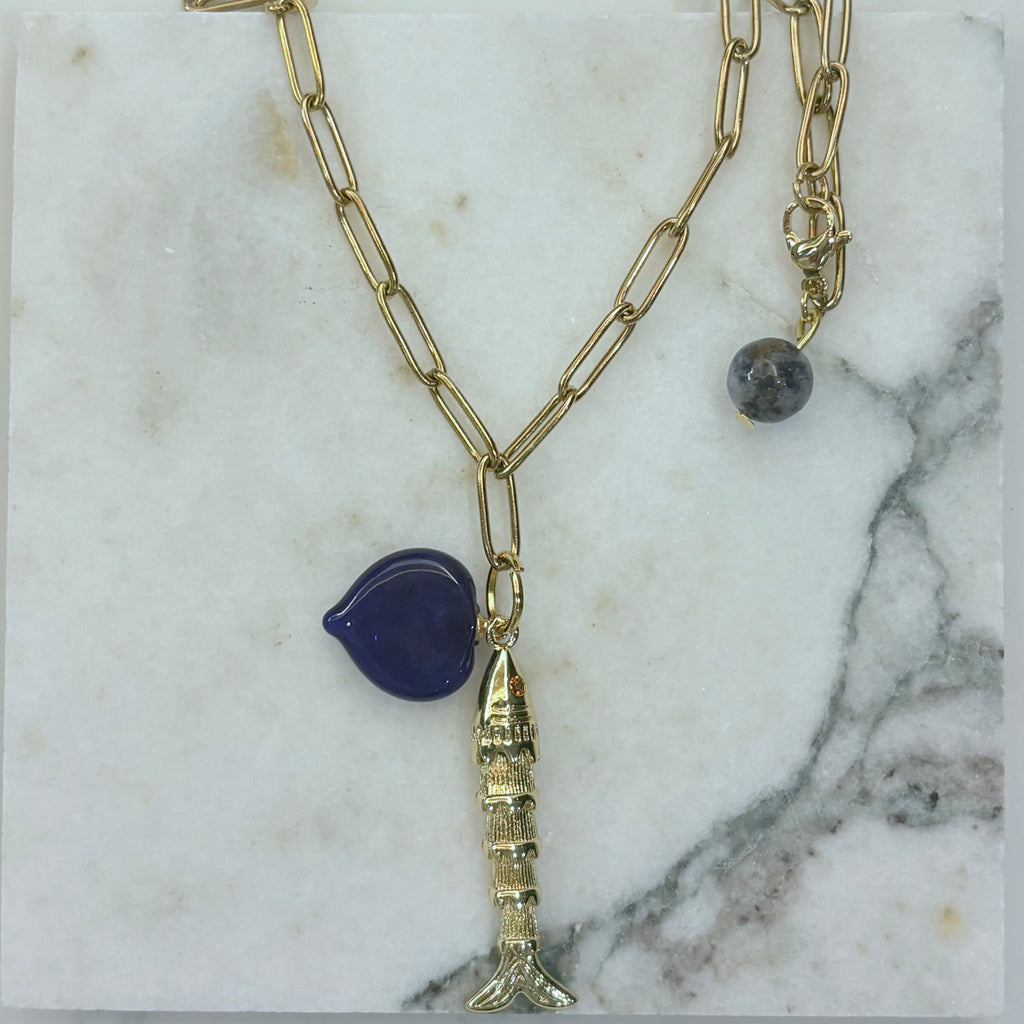 Fish Charm & Cobalt Murano Heart Long Necklace