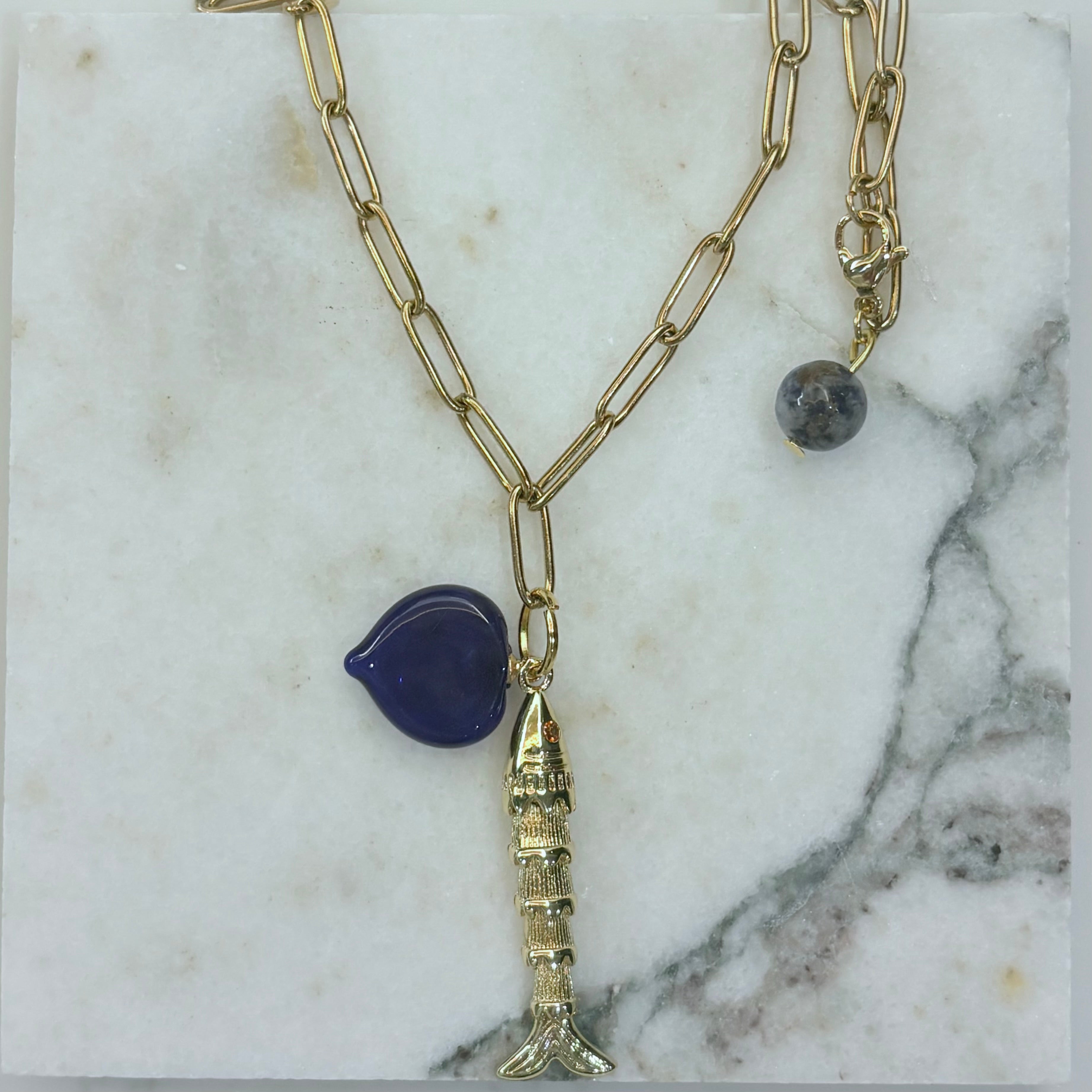 Fish Charm & Cobalt Murano Heart Long Necklace