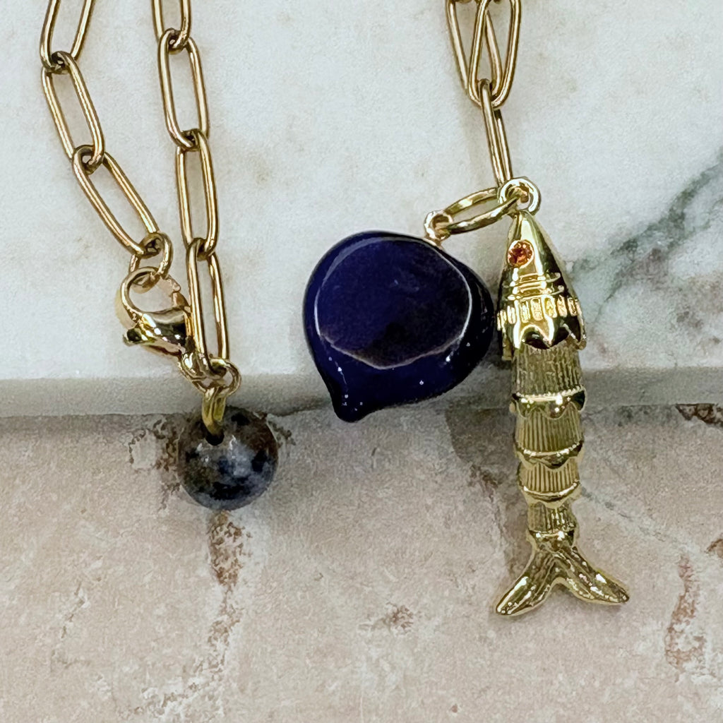 Fish Charm & Cobalt Murano Heart Long Necklace