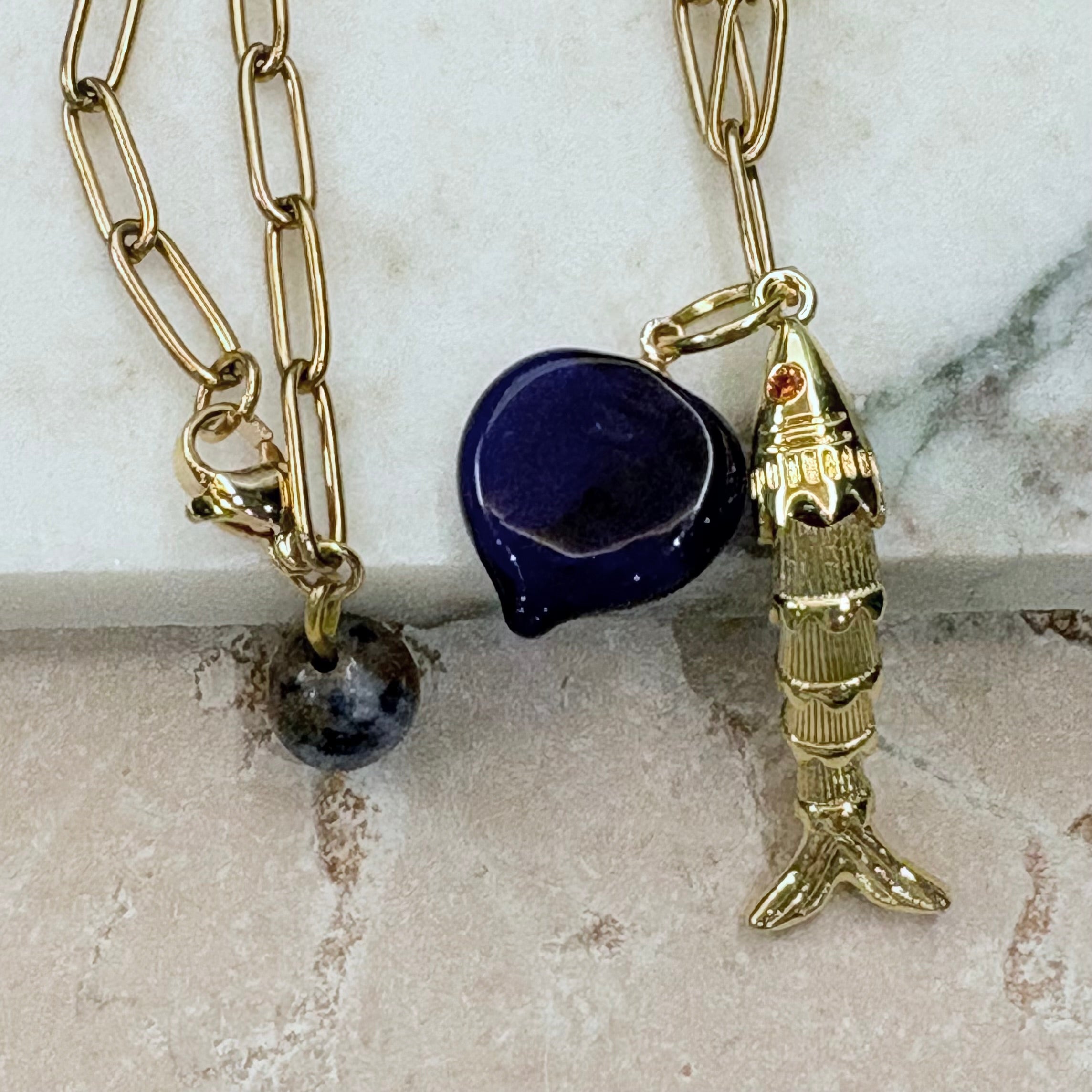 Fish Charm & Cobalt Murano Heart Long Necklace