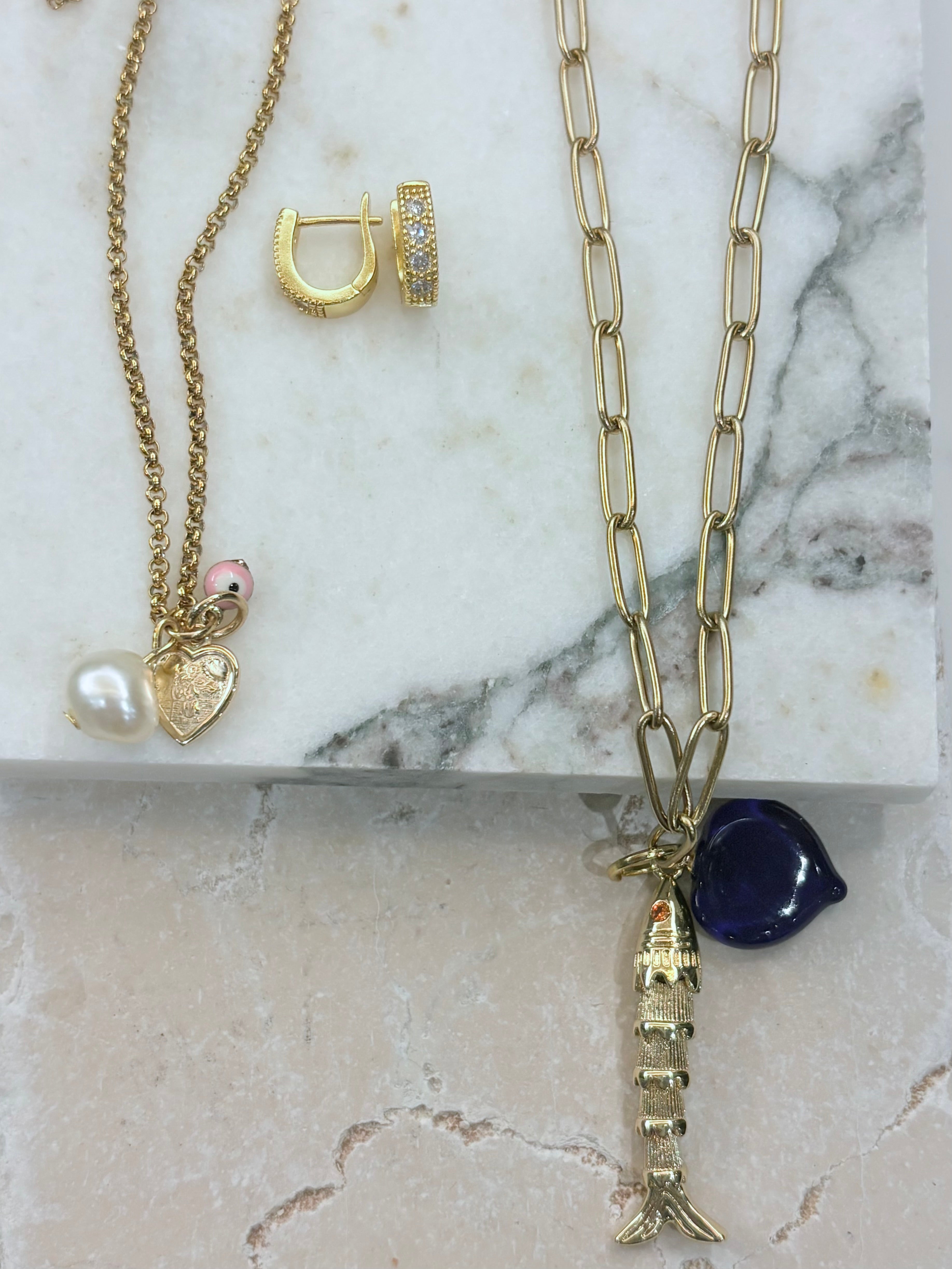 Fish Charm & Cobalt Murano Heart Long Necklace