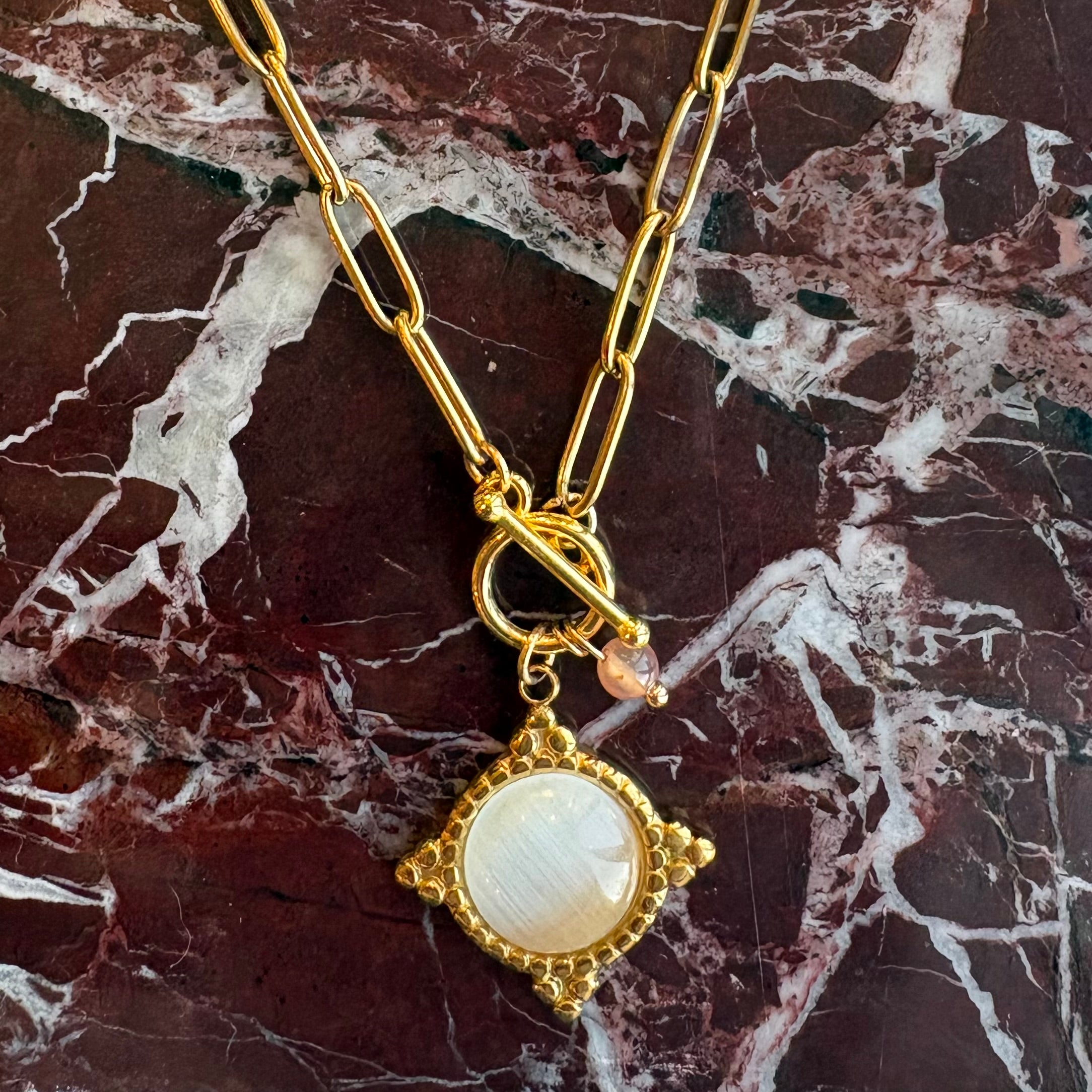 Cats Eye & Rose Quartz Pendant T Bar Necklace