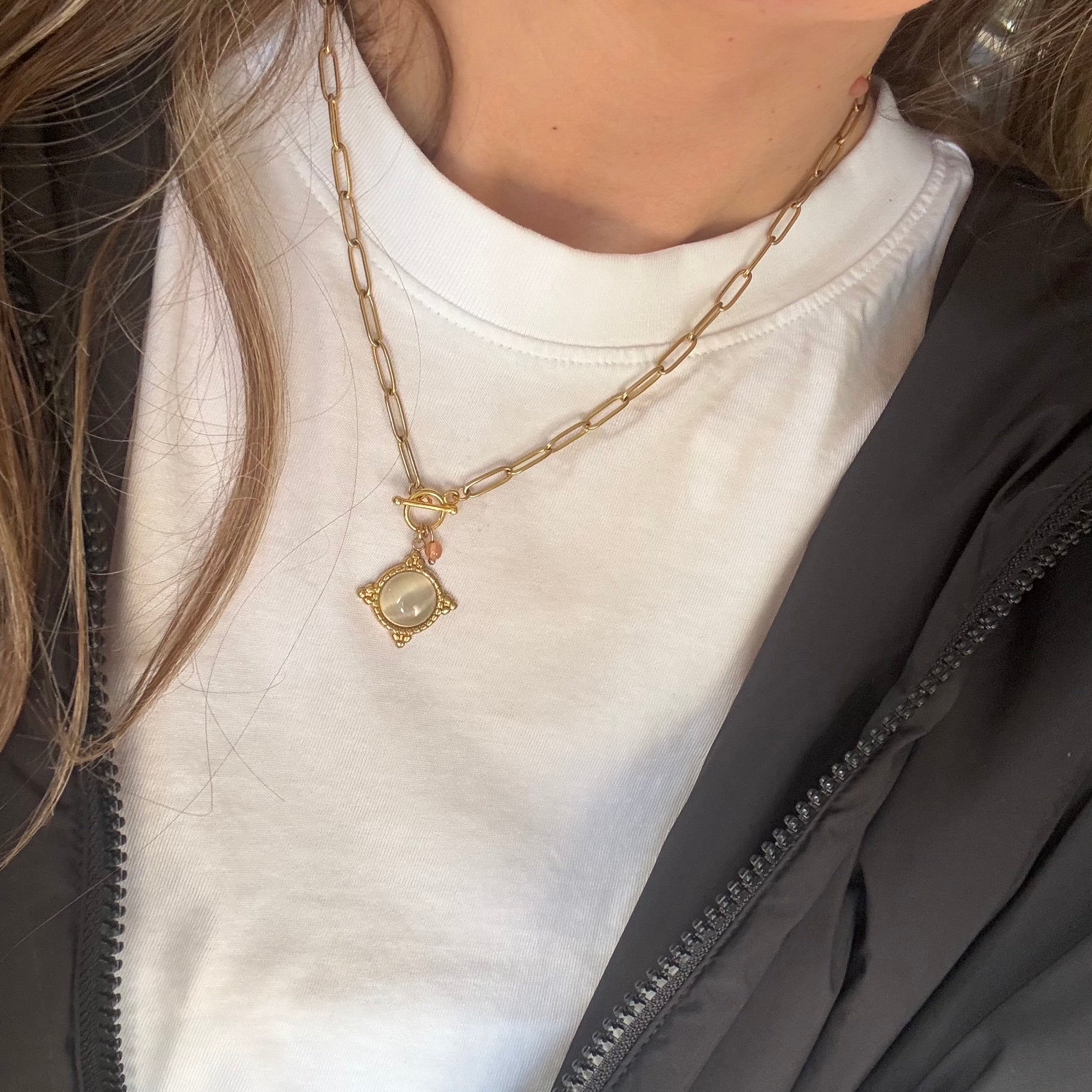 Cats Eye & Rose Quartz Pendant T Bar Necklace