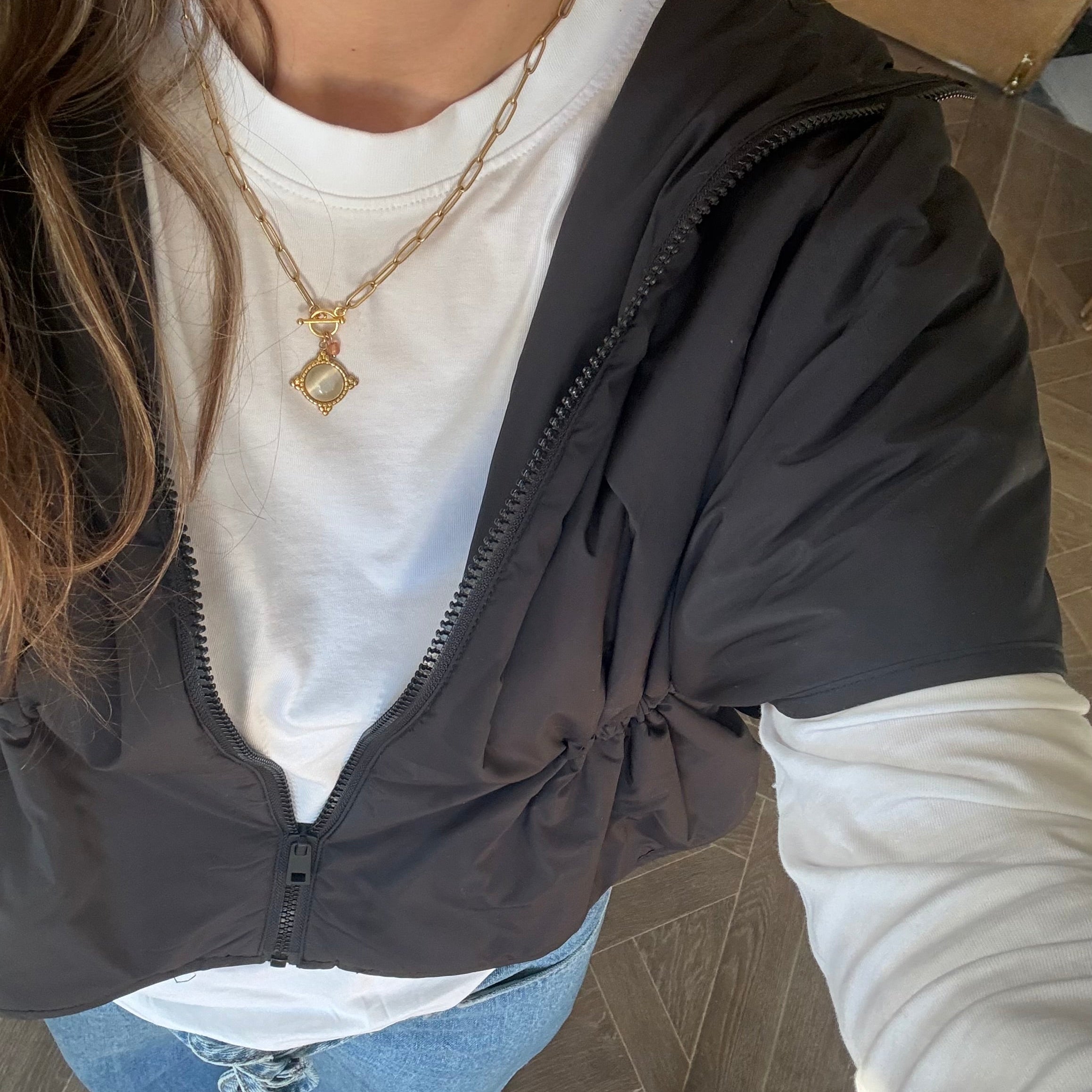 Cats Eye & Rose Quartz Pendant T Bar Necklace