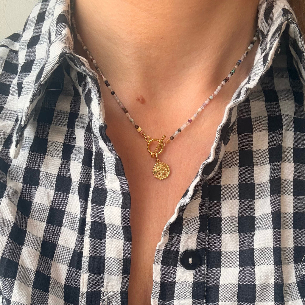 St Christopher Hexagon Pendant Gemstone Necklace