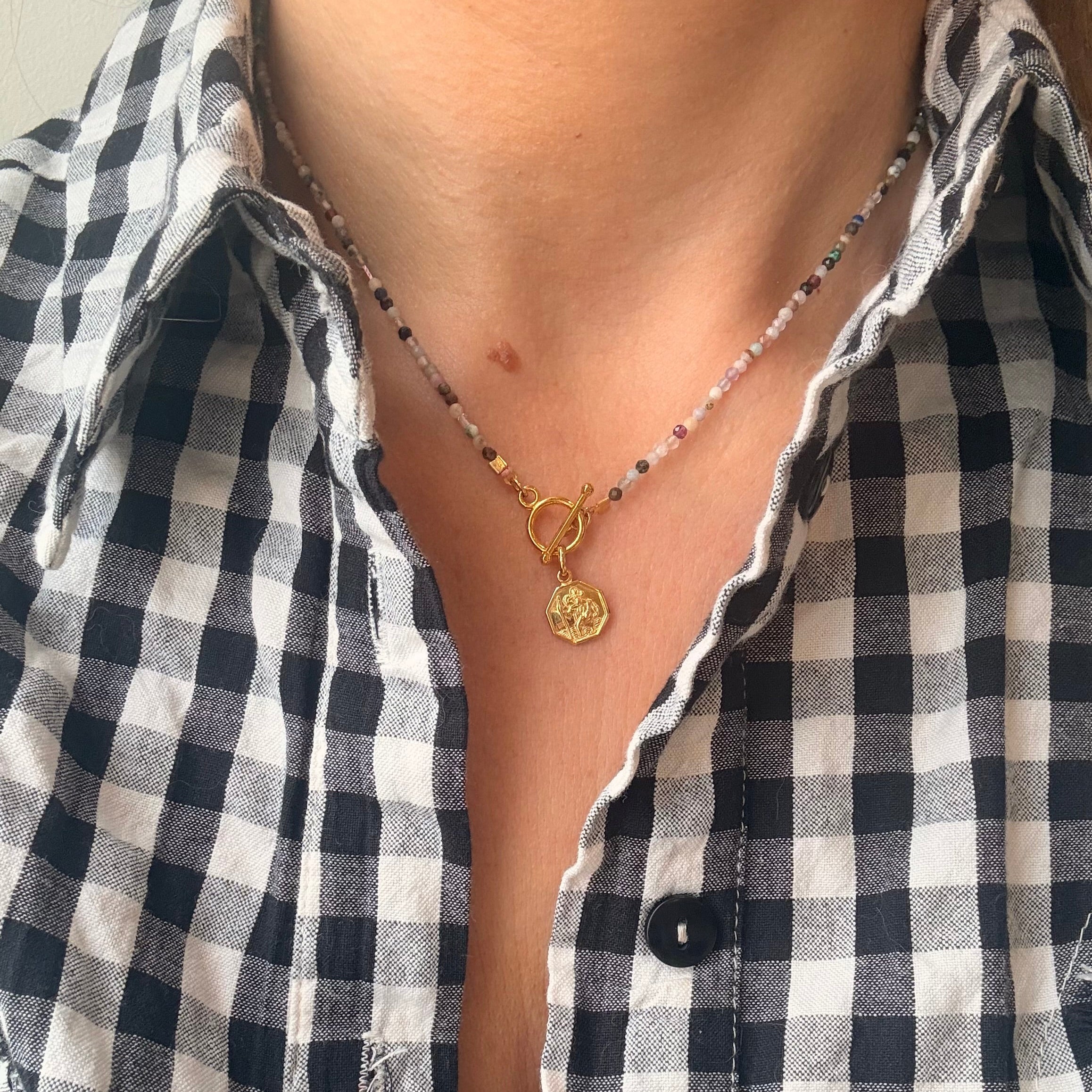 St Christopher Hexagon Pendant Gemstone Necklace