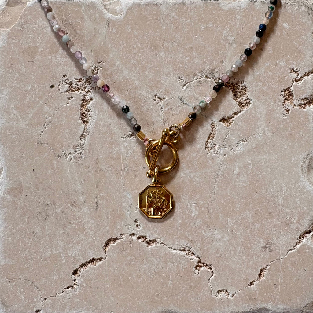 St Christopher Hexagon Pendant Gemstone Necklace