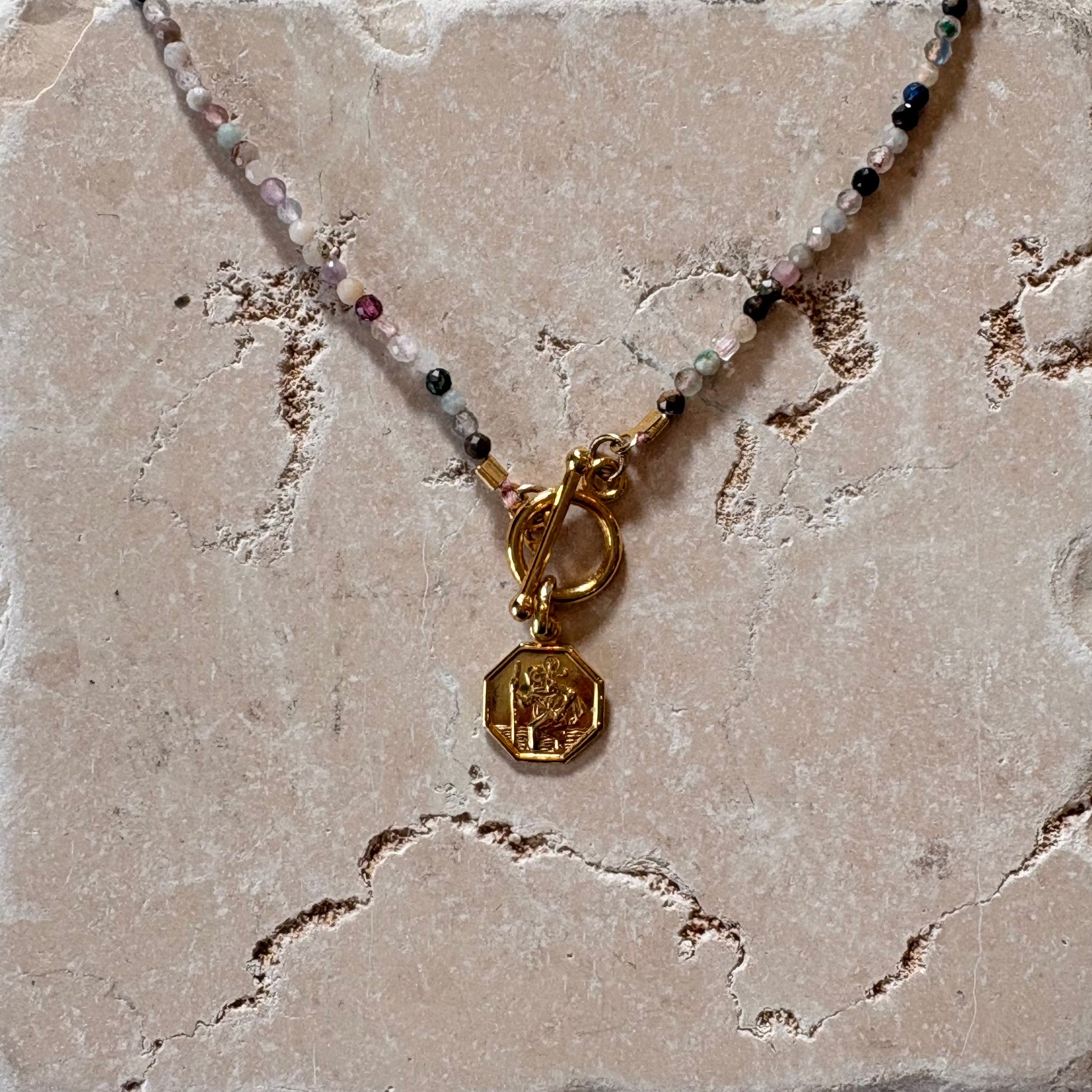 St Christopher Hexagon Pendant Gemstone Necklace