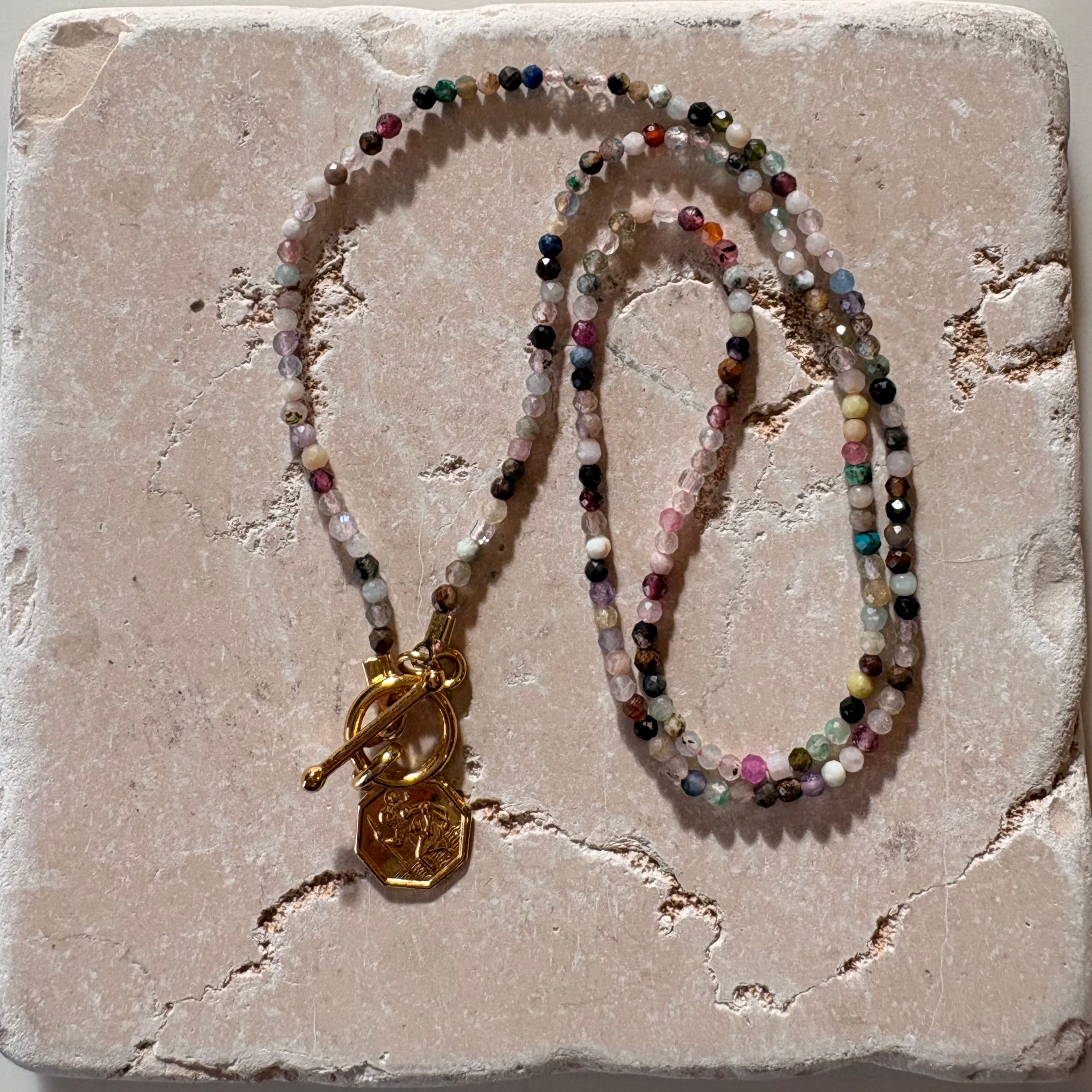 St Christopher Hexagon Pendant Gemstone Necklace