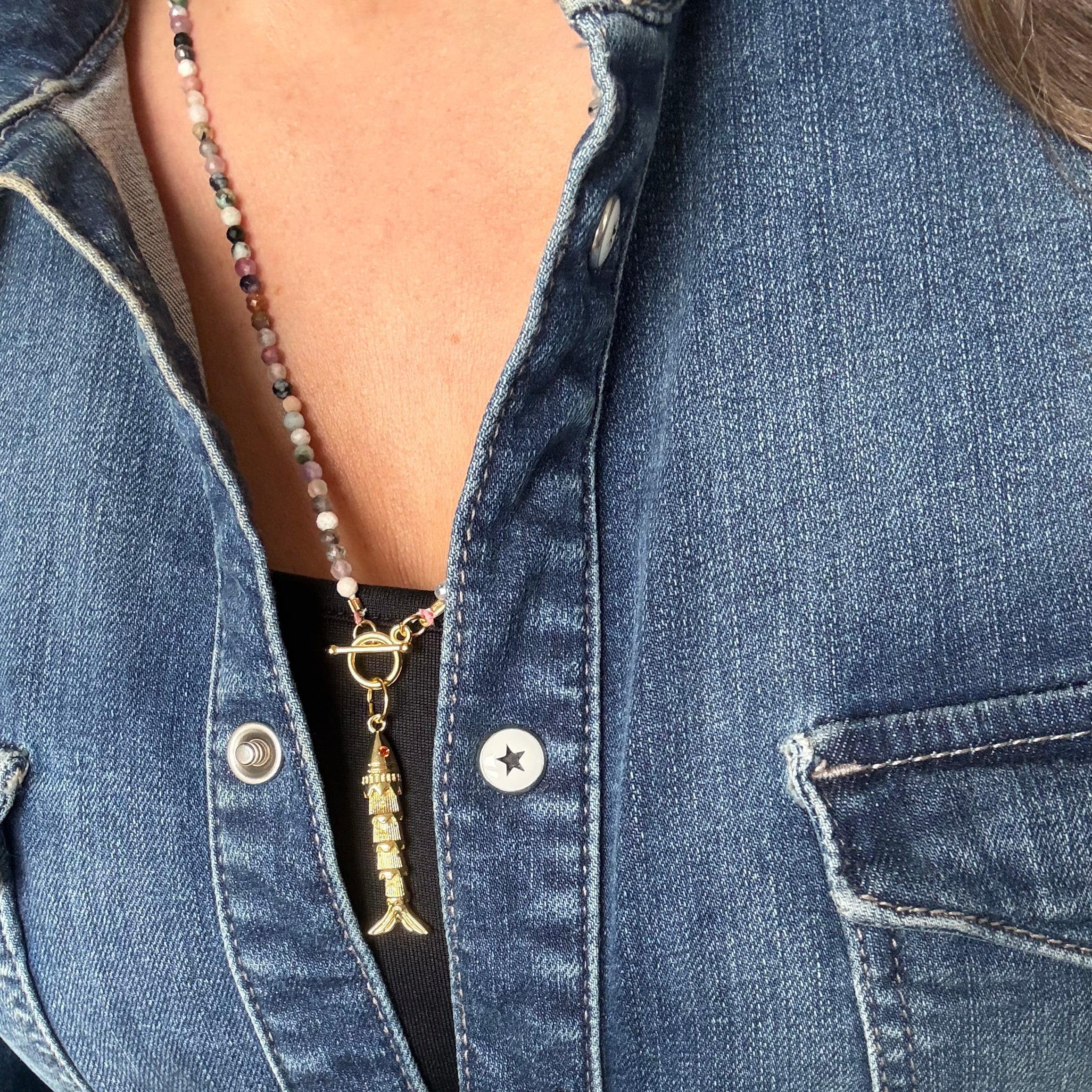 Lucky Fish Charm Gemstone Chain Long Necklace
