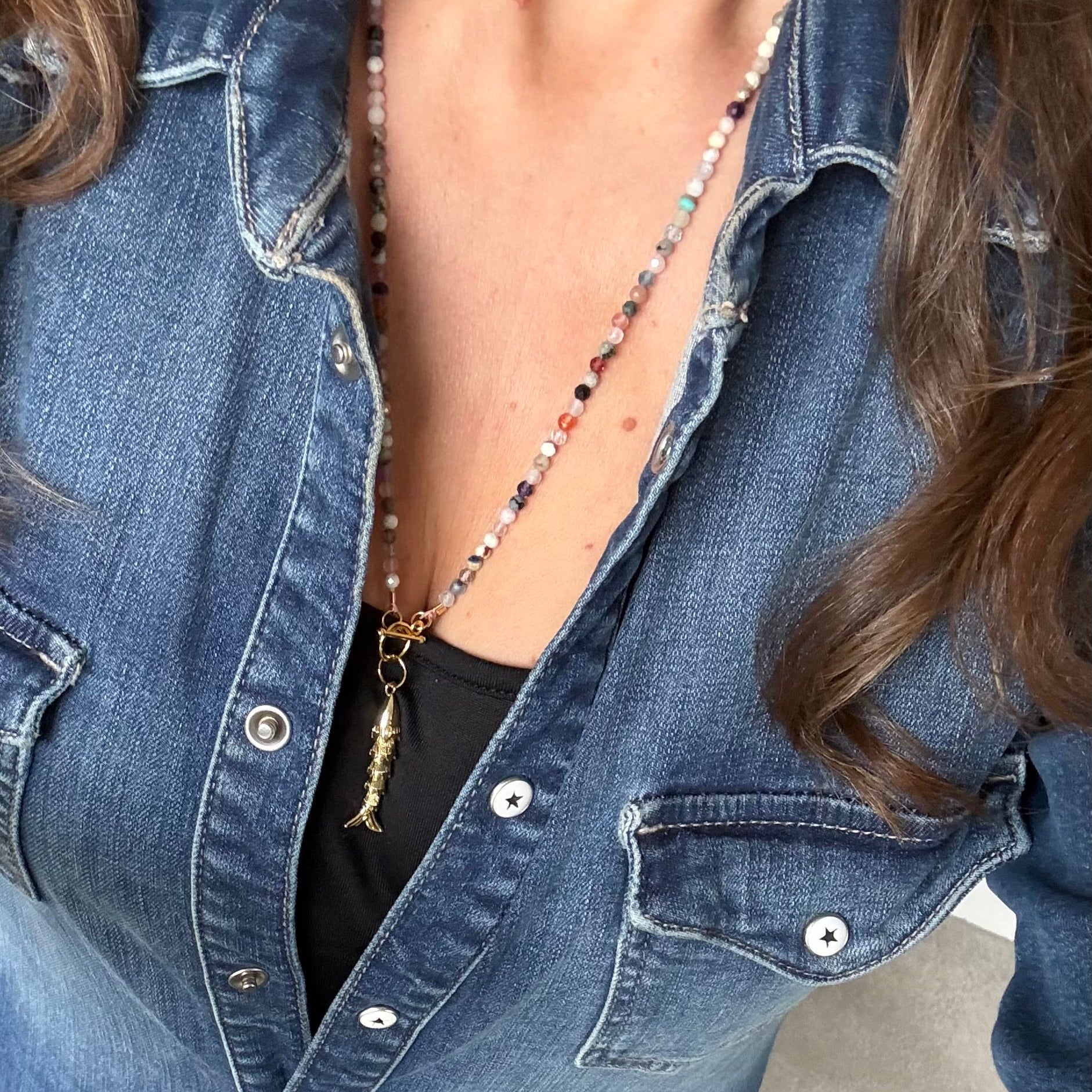 Lucky Fish Charm Gemstone Chain Long Necklace